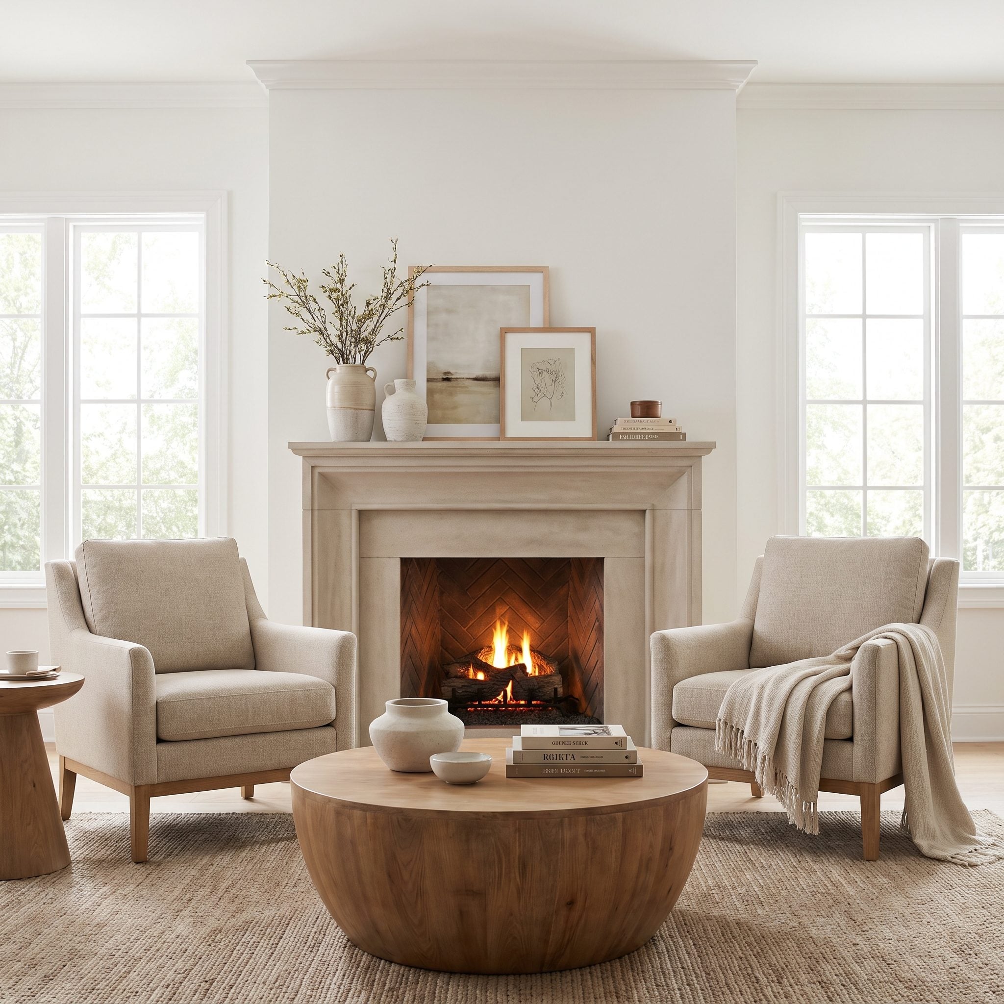 Living room with two identical rust velvet wingback chairs facing each other on either side of a white brick fireplace.