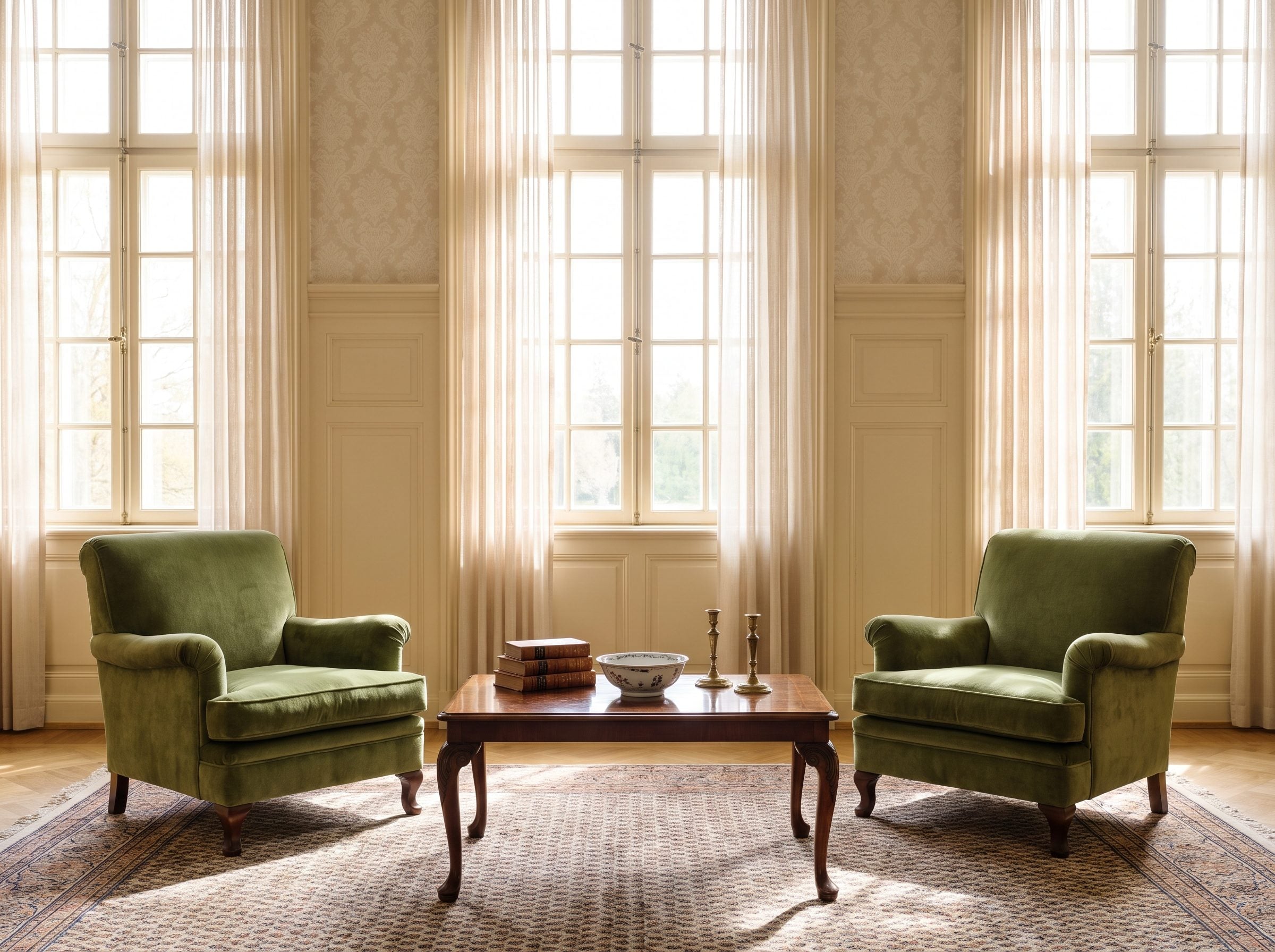Living room with two matching cognac leather club chairs facing each other about six feet apart across a centered square