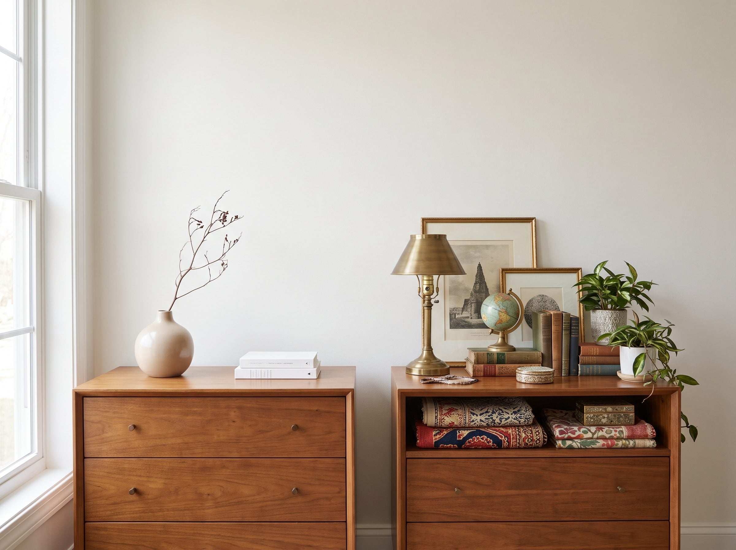 Bedroom with two matching walnut bedside chests, one styled with books and a tall lamp, the other with a round lamp and a
