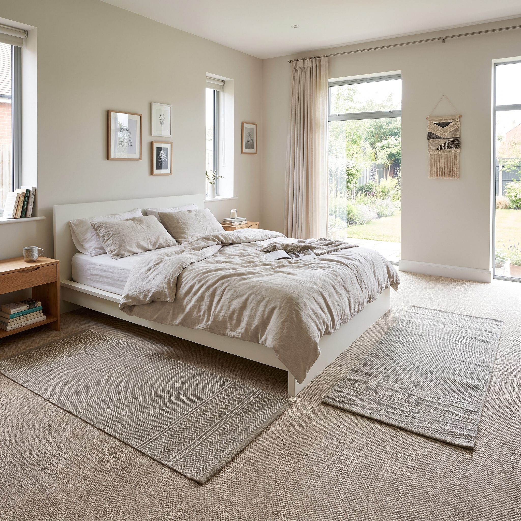 Matching bedside runners layered over bedroom carpet on both sides of a queen bed.