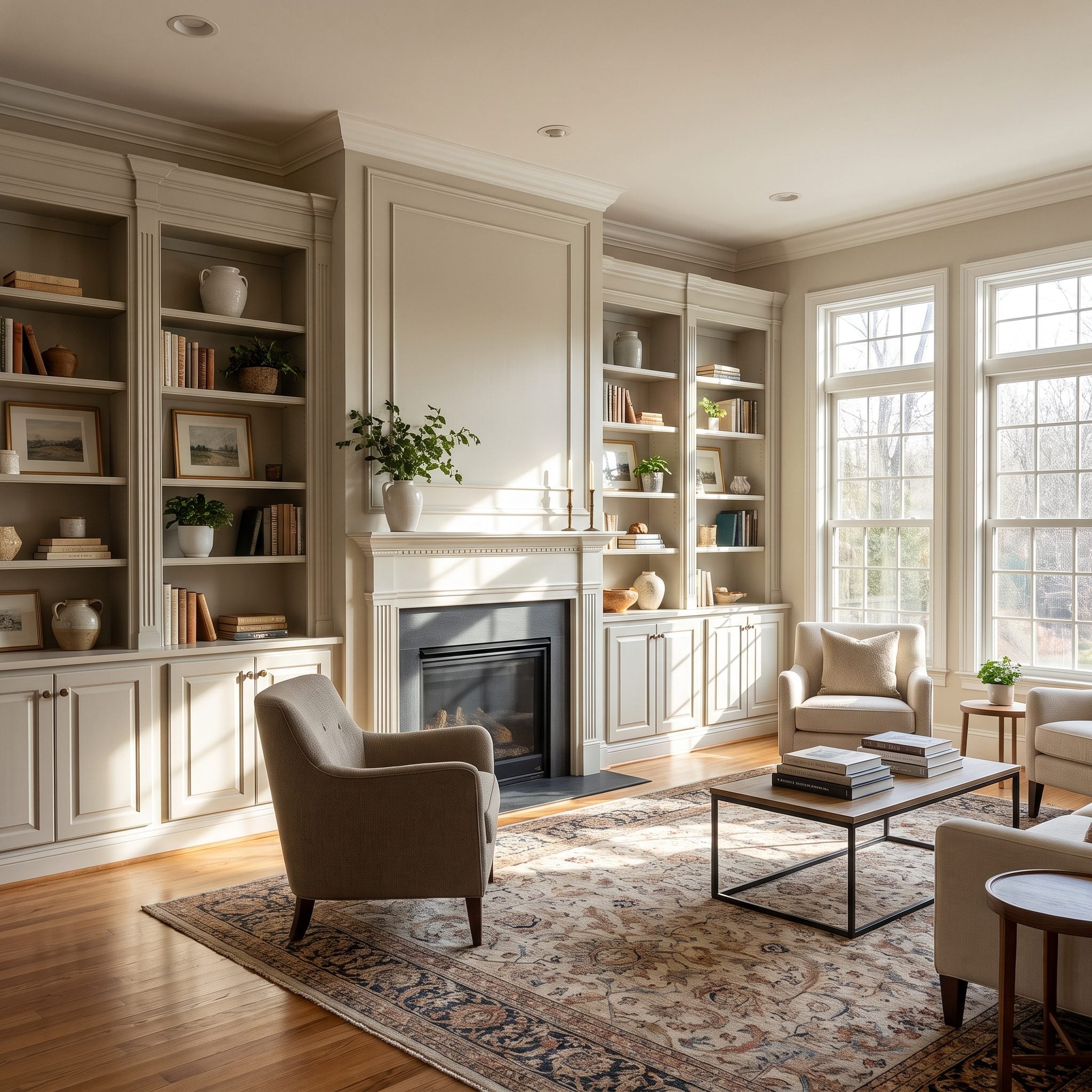 Living room with two identical 30-inch white bookcases pushed together under shared crown molding and baseboard trim beside
