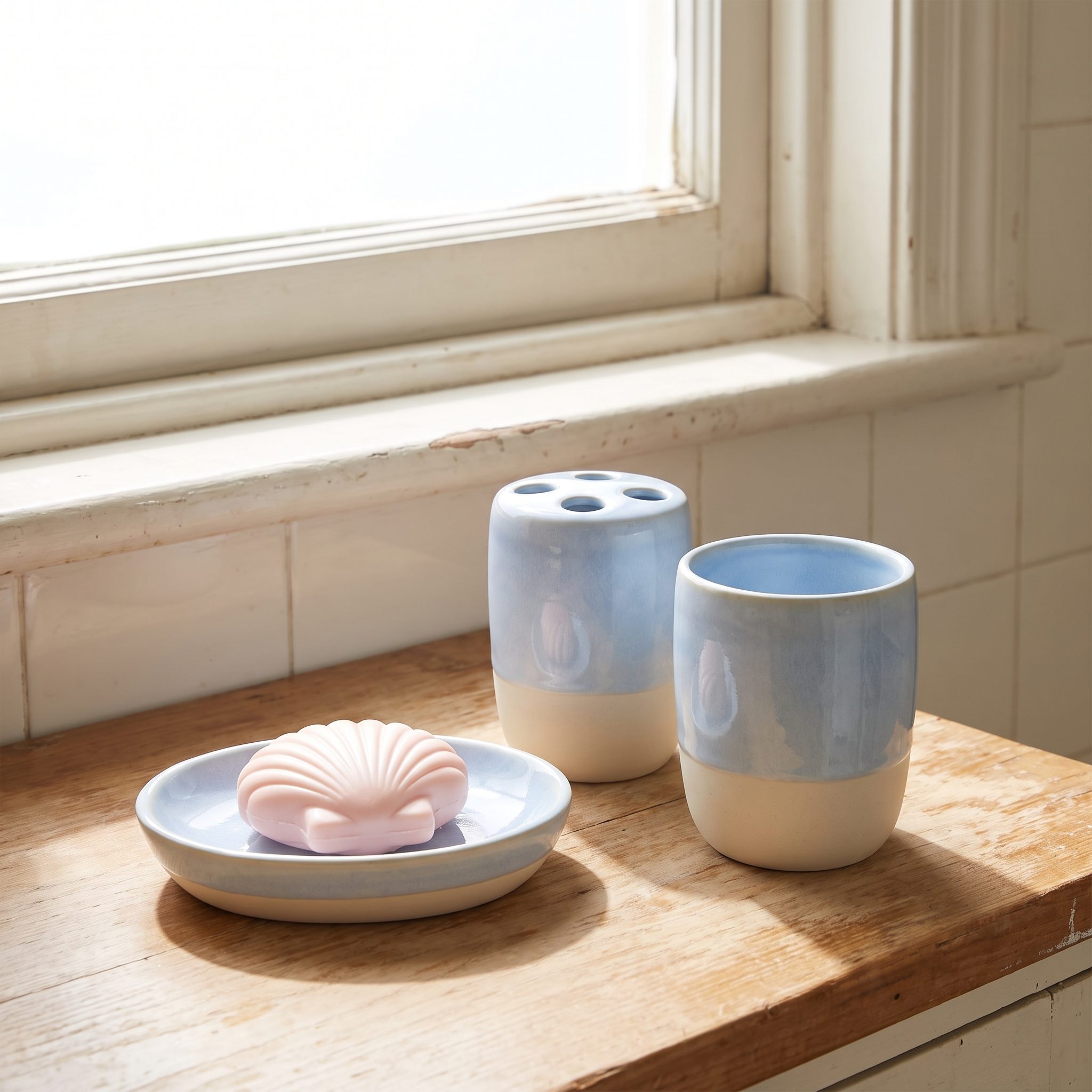 The Matching Ceramic Soap Dish, Toothbrush Holder, and Tumbler Set (With the Shell Soap Nobody Touched)