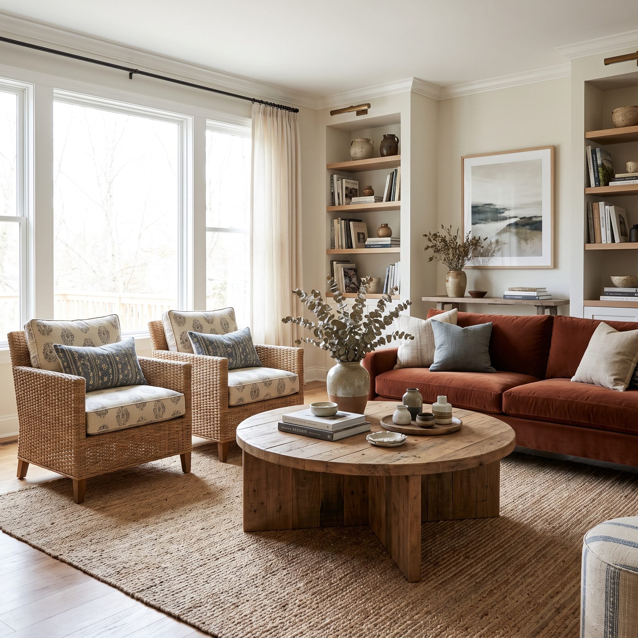 Living room with two matching cream armchairs facing an olive green velvet sofa about seven feet apart across a walnut