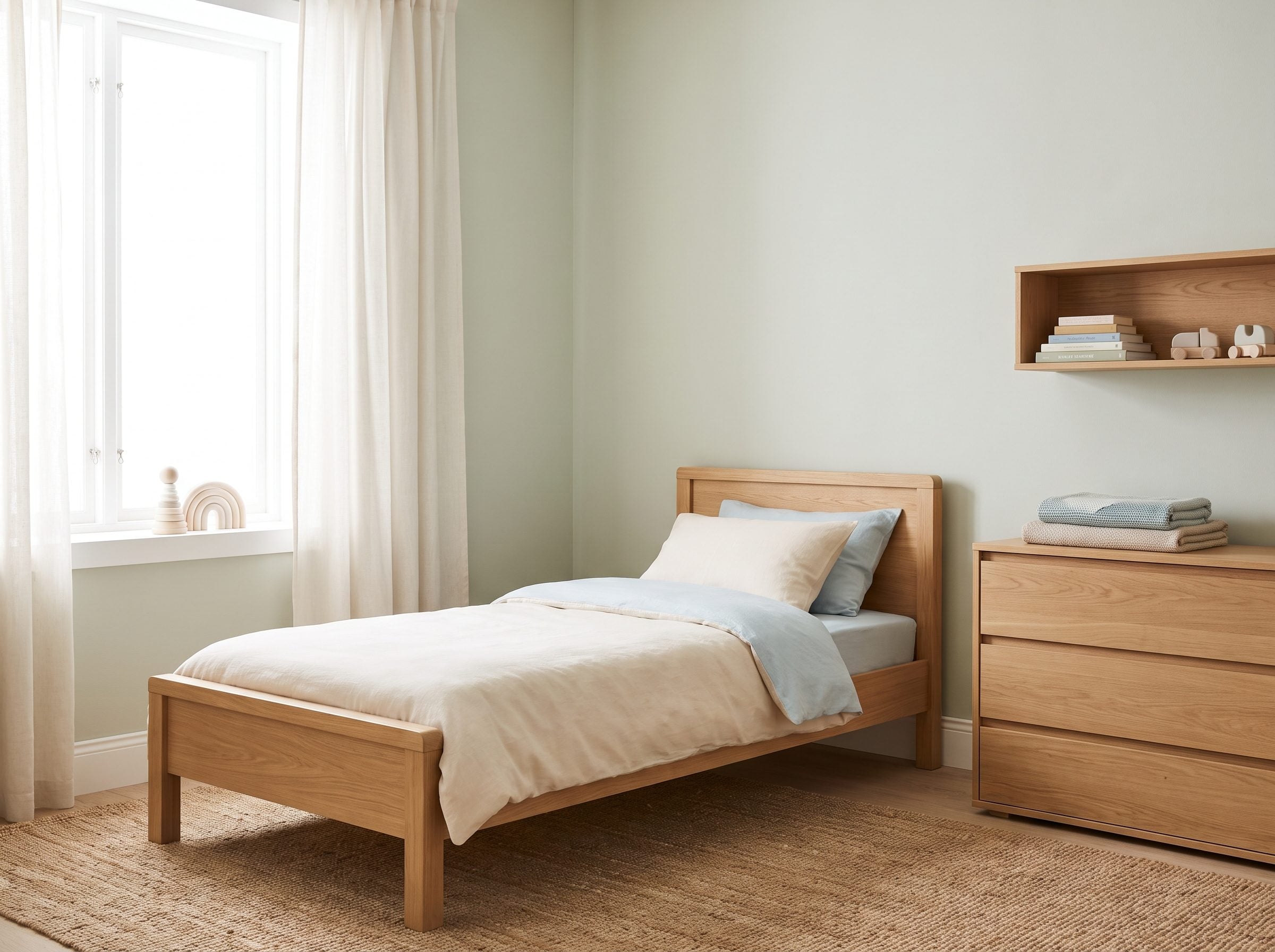Children's bedroom with a matching white bed, dresser, nightstand, and bookcase in the same finish along two walls.