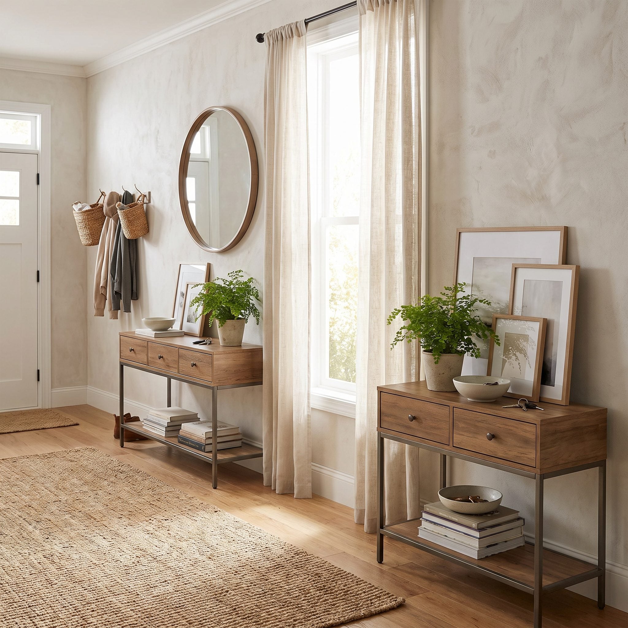 Long hallway with two identical black console tables at opposite ends, each topped with a mirror and a lamp, and a runner