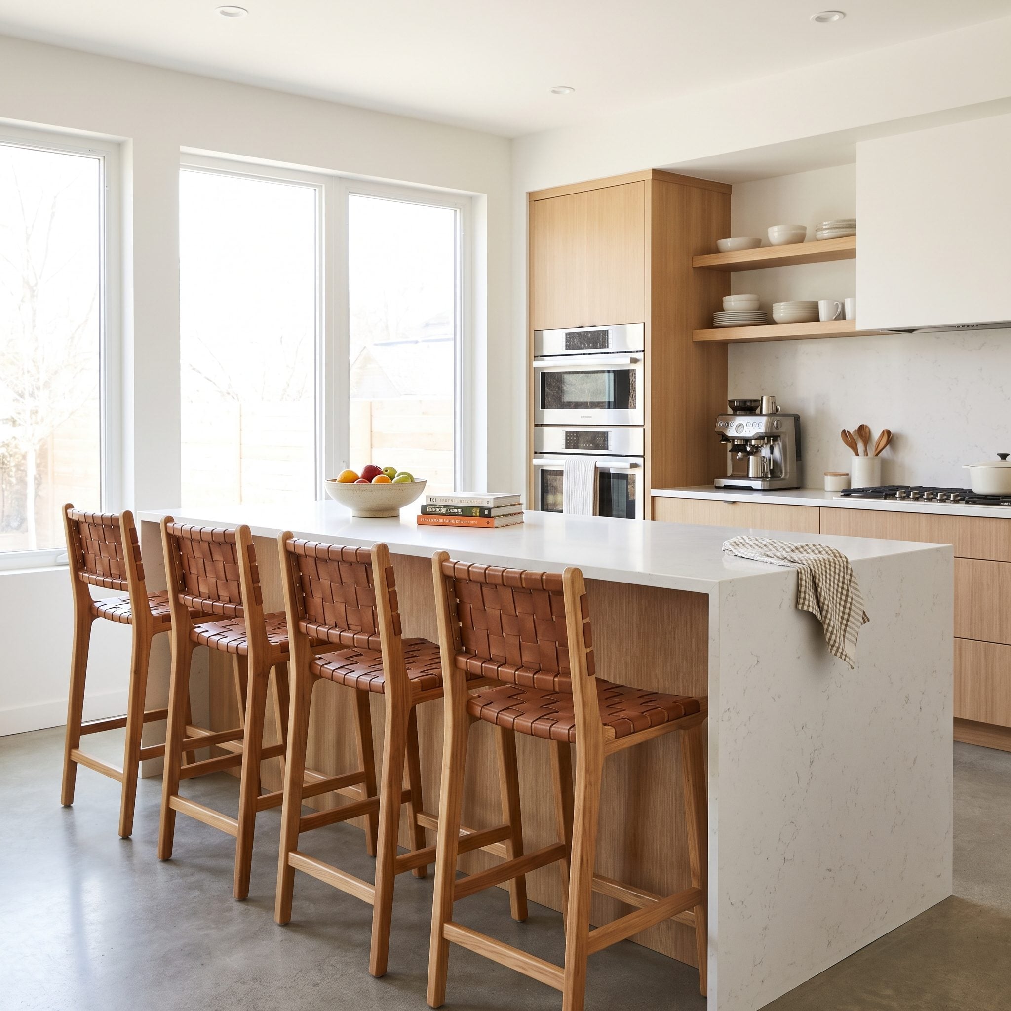 Kitchen island with three matching counter stools at 25-inch seat height spaced evenly along a 96-inch quartz counter.