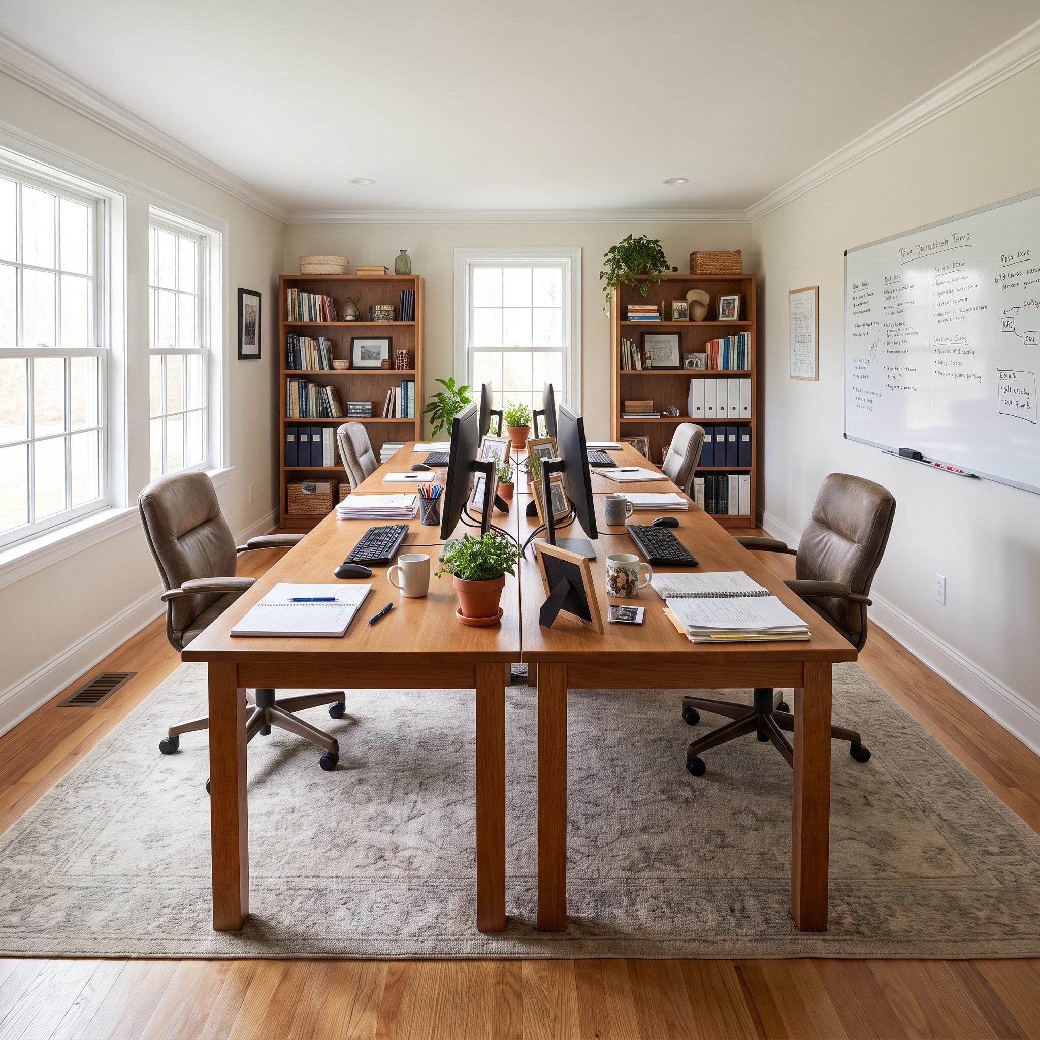 Home office with two identical oak desks side by side under a window and two matching monitors set at the same height.