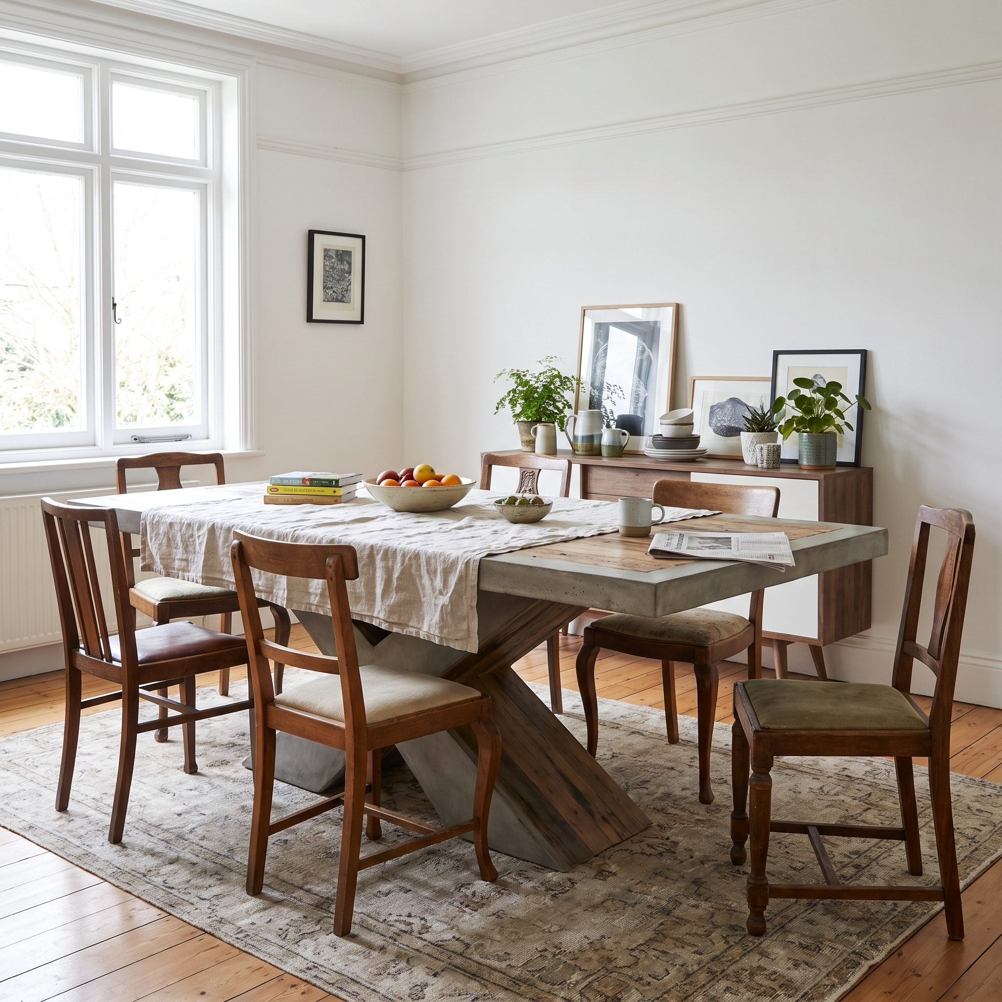 Round walnut pedestal dining table with six identical caramel leather chairs spaced evenly around it in a daylit dining room.