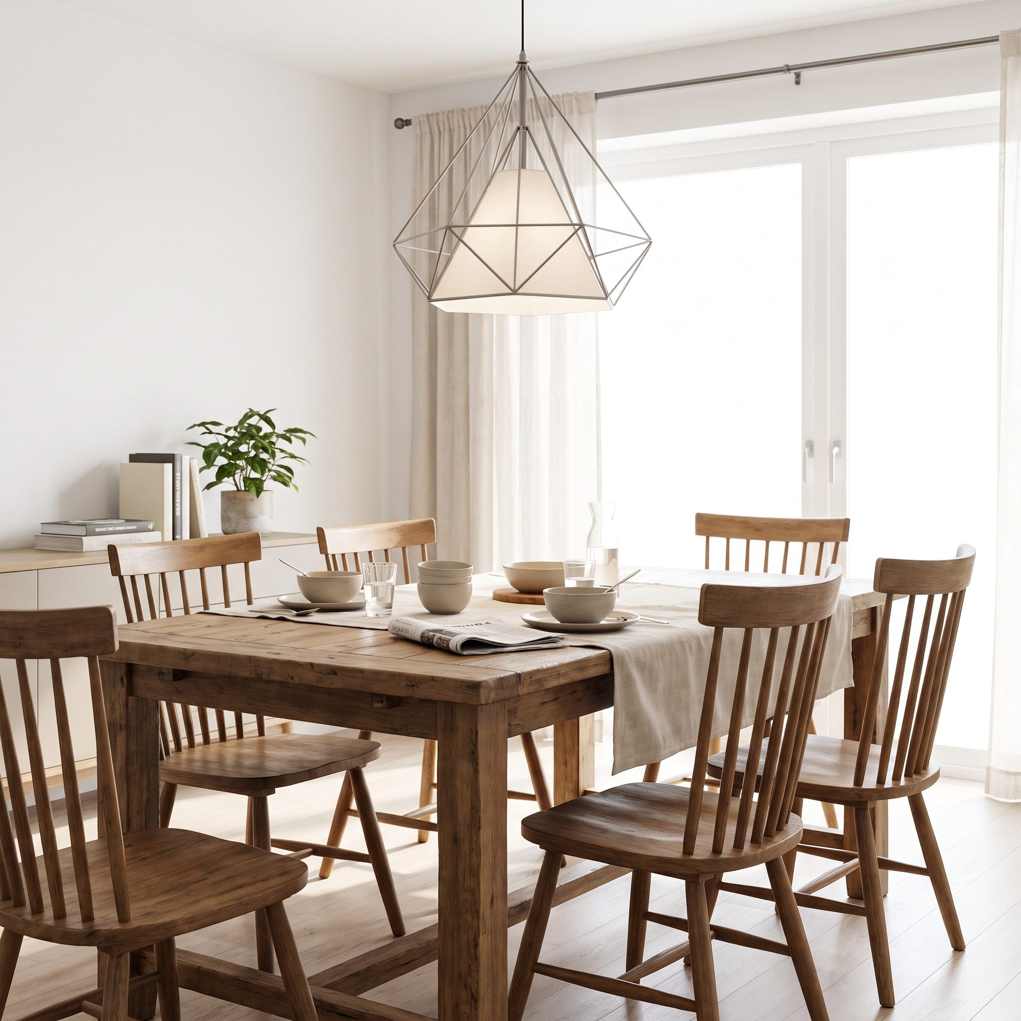 Dining room with a matching six-piece oak table and chair set under a single black linear pendant hung about 32 inches above