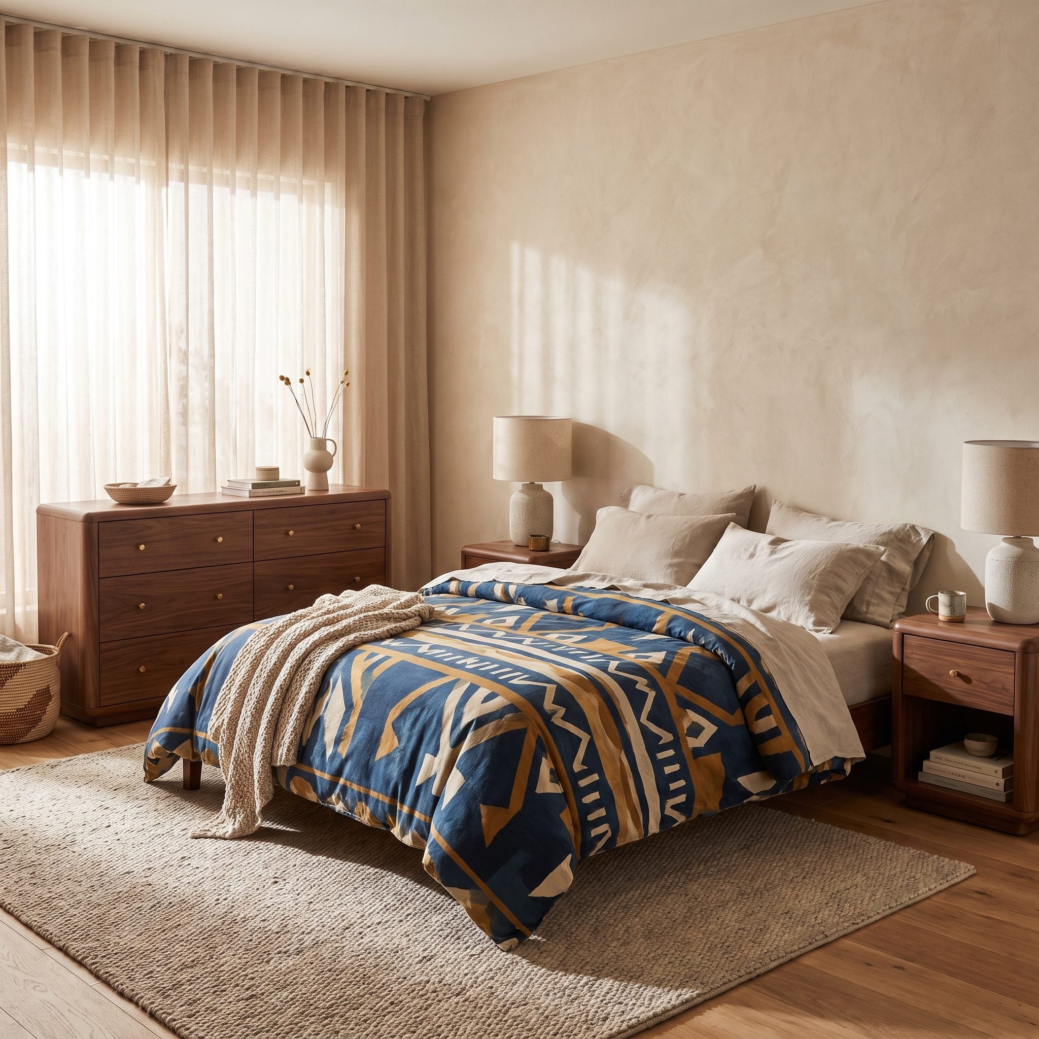 Bedroom with two identical walnut nightstands and a matching walnut dresser, the bed dressed in a rust-and-cream striped