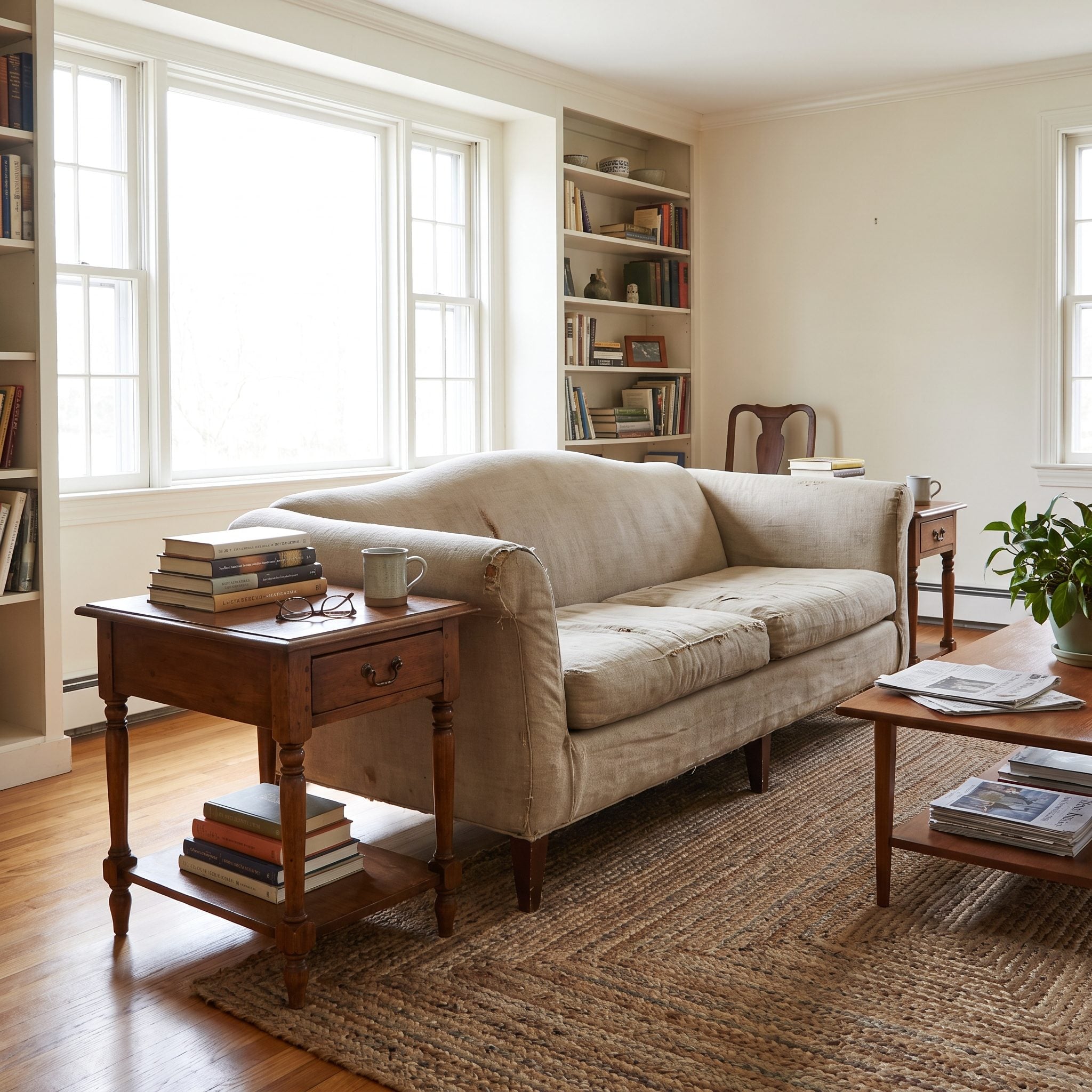 Living room with two identical walnut end tables and matching brass lamps flanking an eighty-four-inch sofa beneath one