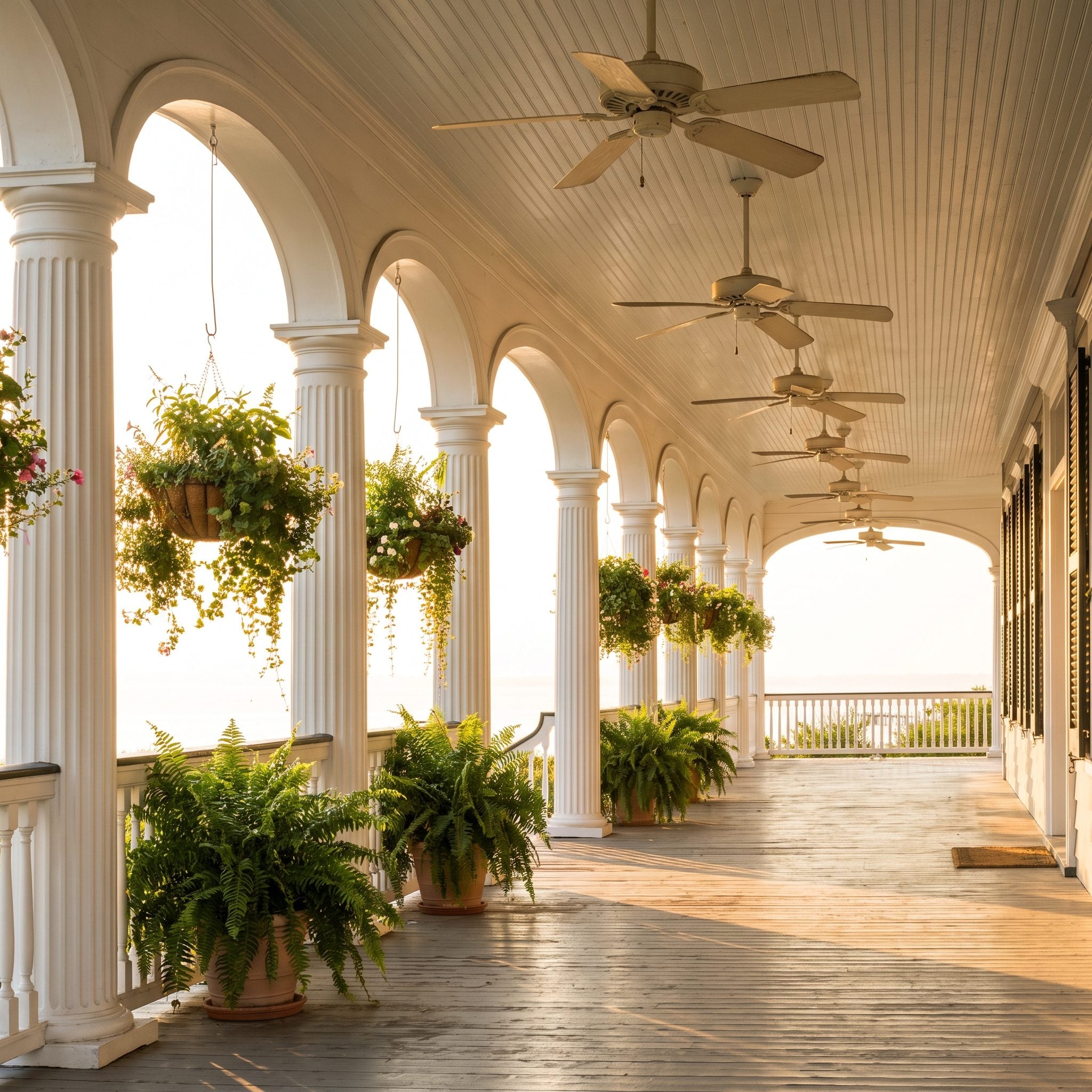 Covered porch with three identical bronze ceiling fans spaced about ten feet apart down the center, each over a separate
