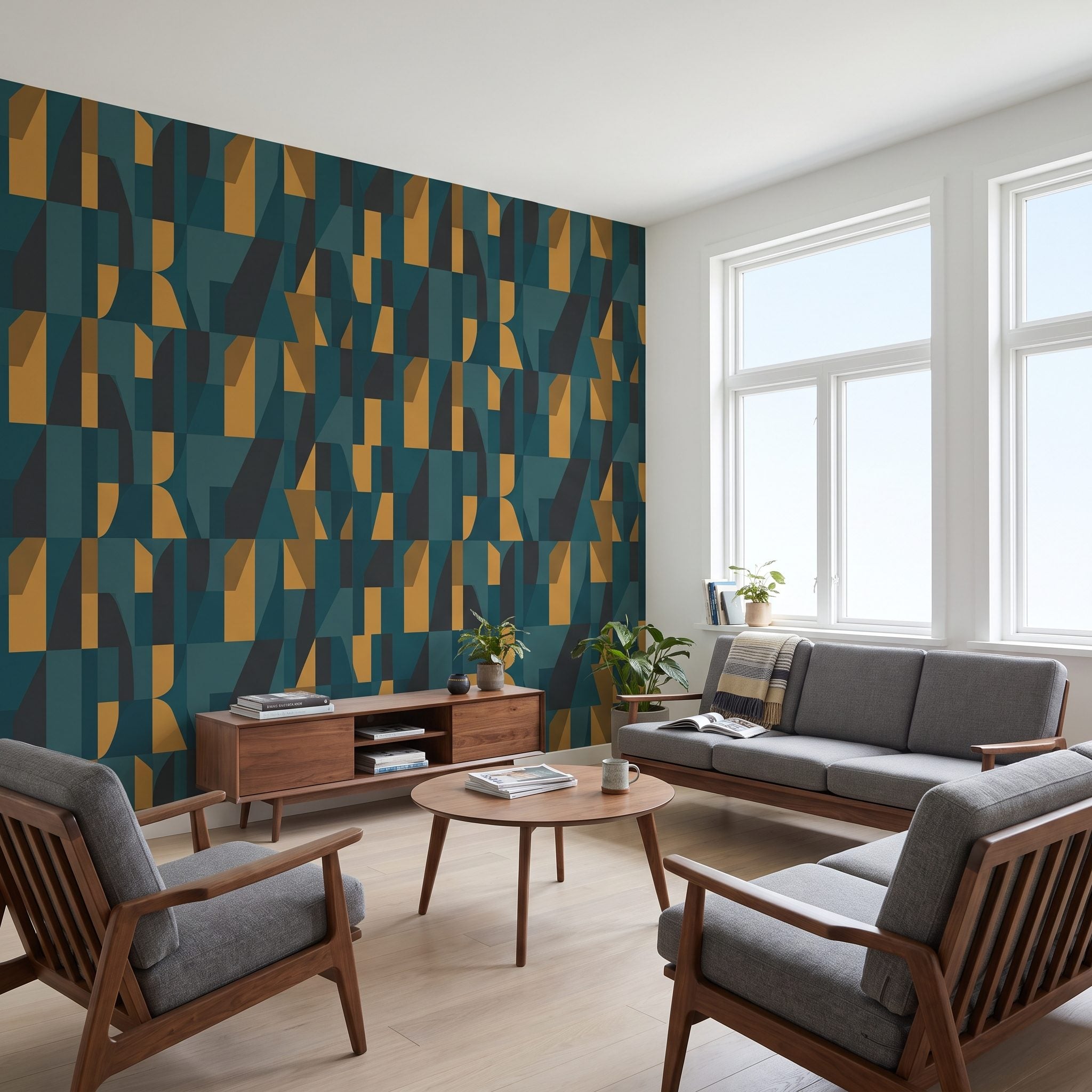 Living room with two matching green velvet armchairs against a large-scale botanical wallpaper wall and a plain rug