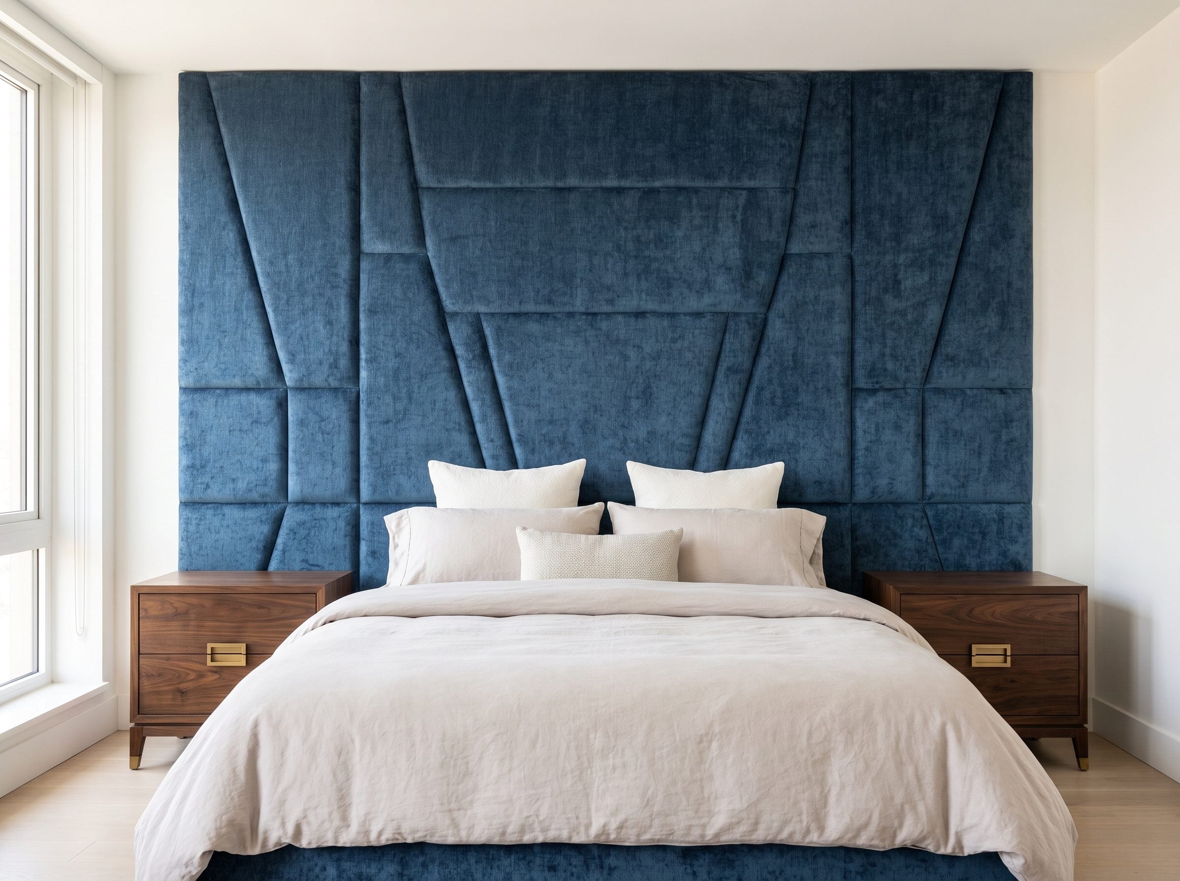 Bedroom with a 62-inch linen headboard above a matched walnut nightstand, dresser, and chest set.