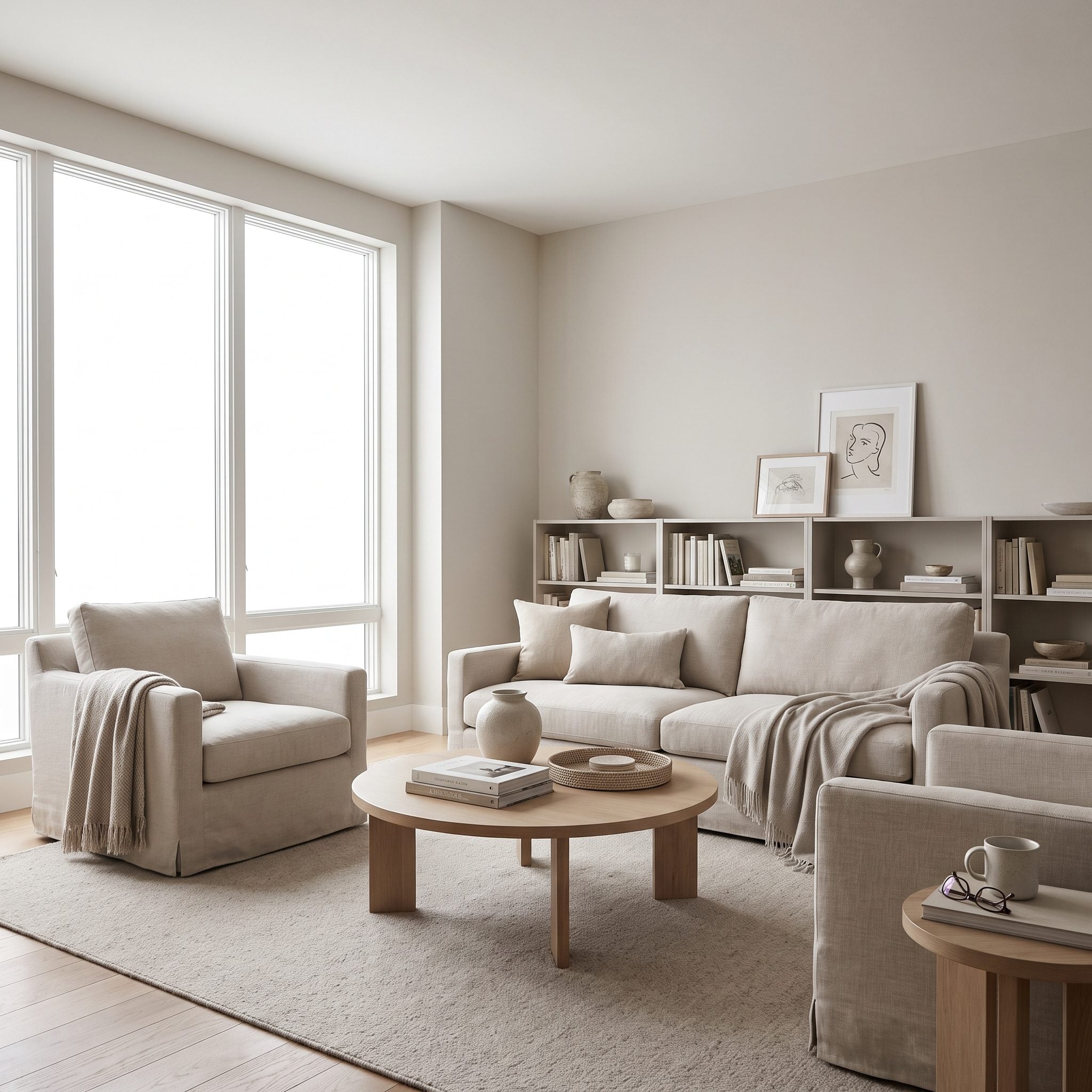 Living room with a matching oatmeal sofa and loveseat in the same color as the walls, layered with boucle, knit, and jute