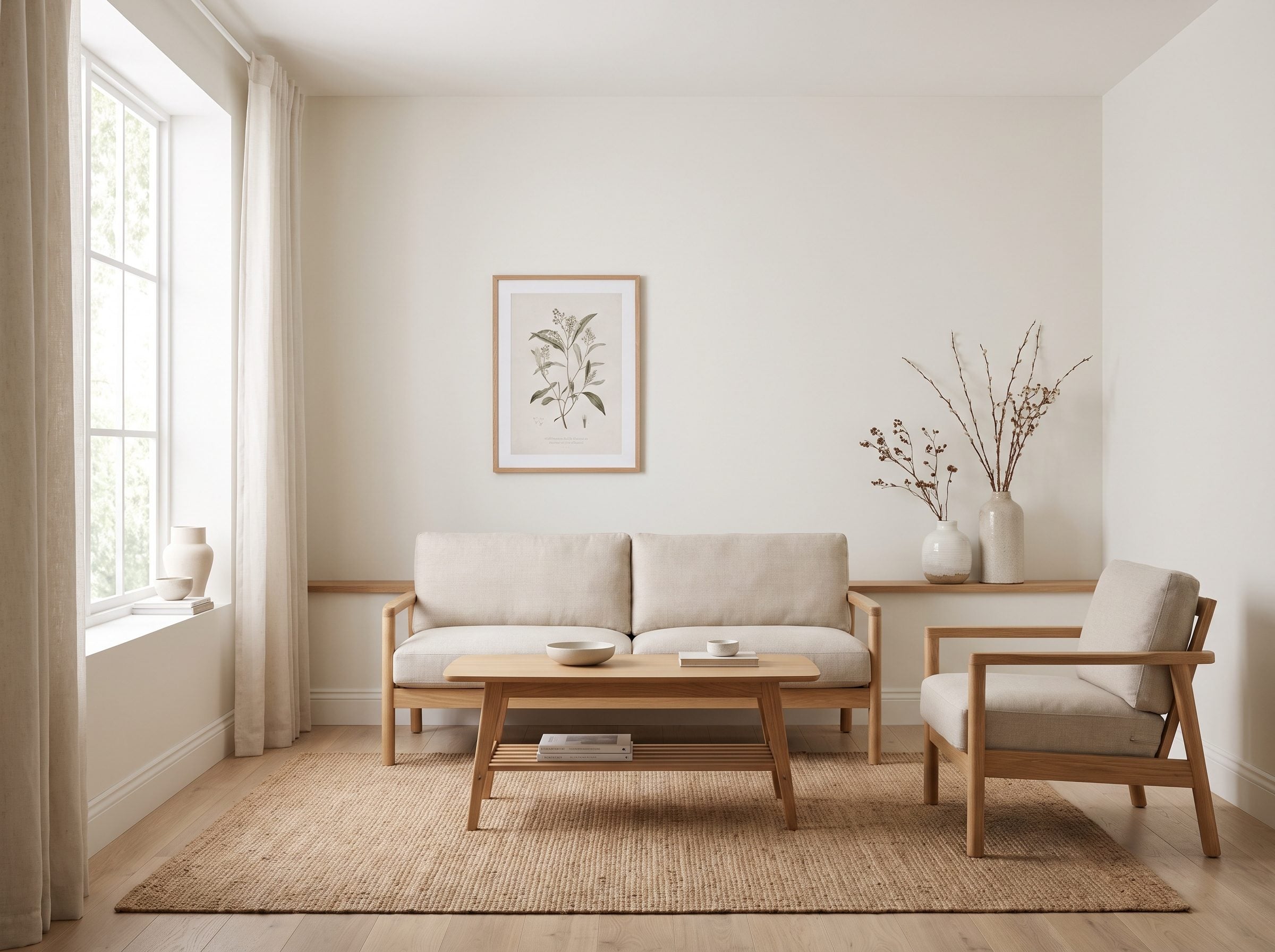 Small living room with a matching oatmeal-linen sofa and loveseat sharing the same arms, legs, and cushions, both front legs
