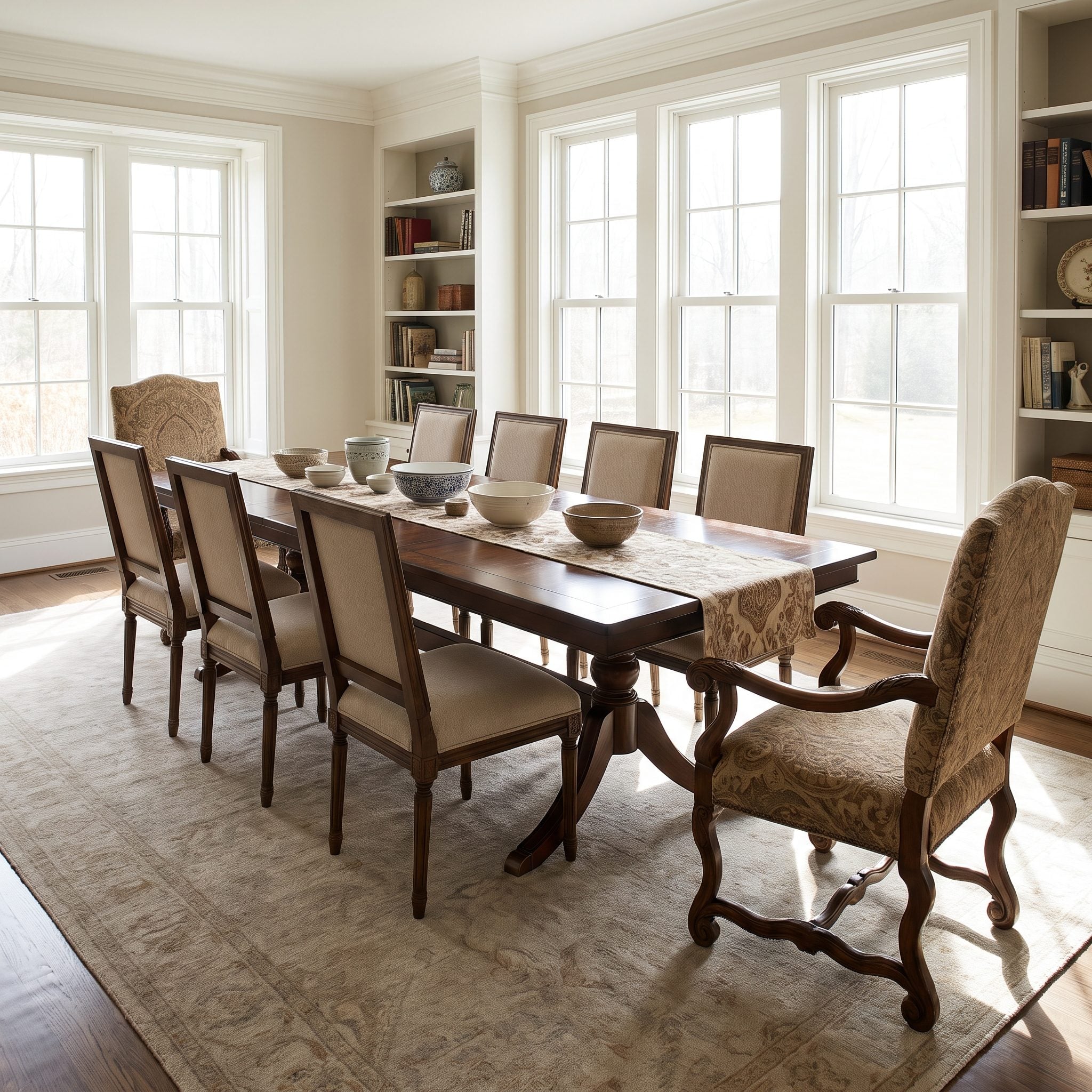Long oak dining table with two matching linen armchairs at the ends and six cane side chairs along the sides.