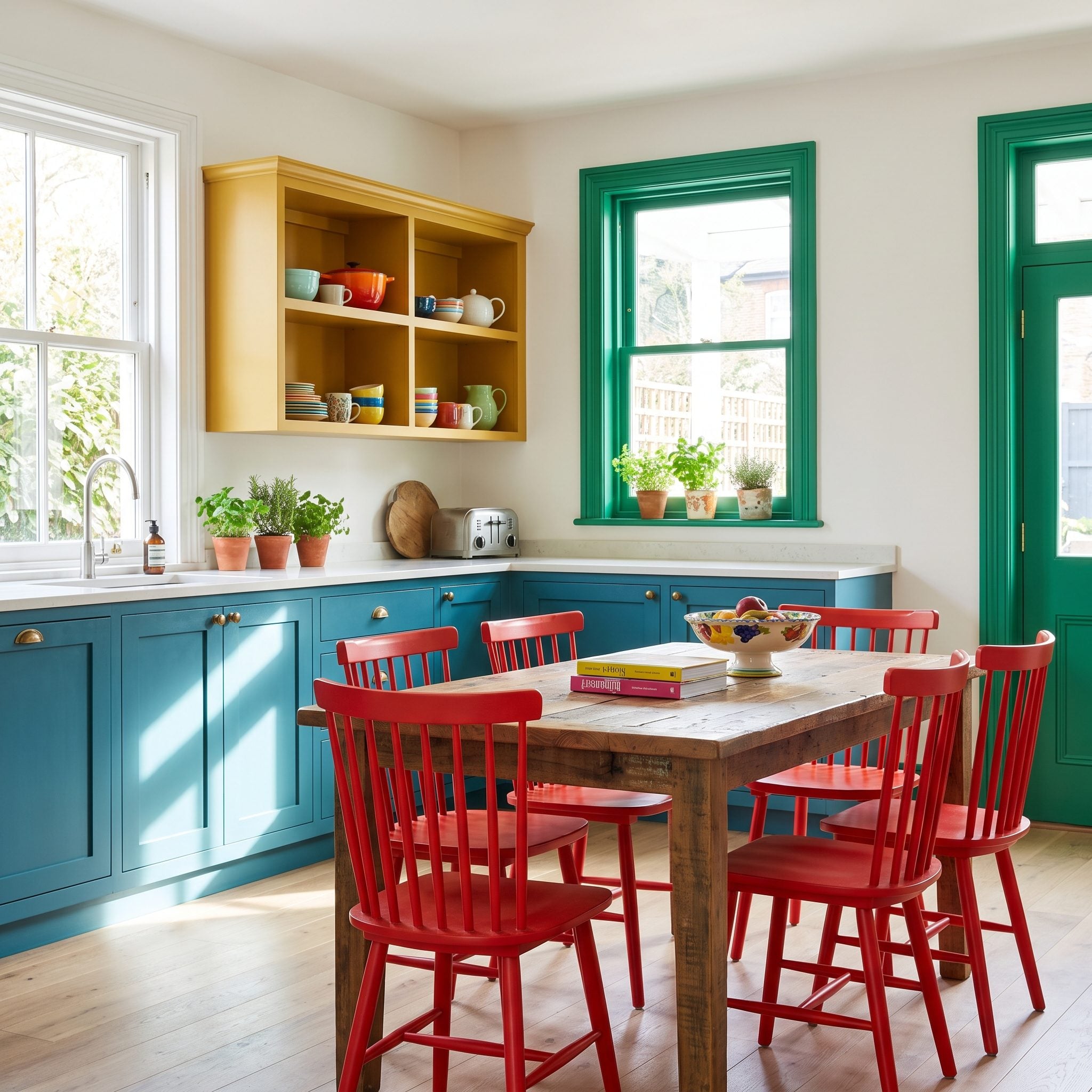 Kitchen with four identical black Windsor chairs matched around a light oak table against sage green cabinets.