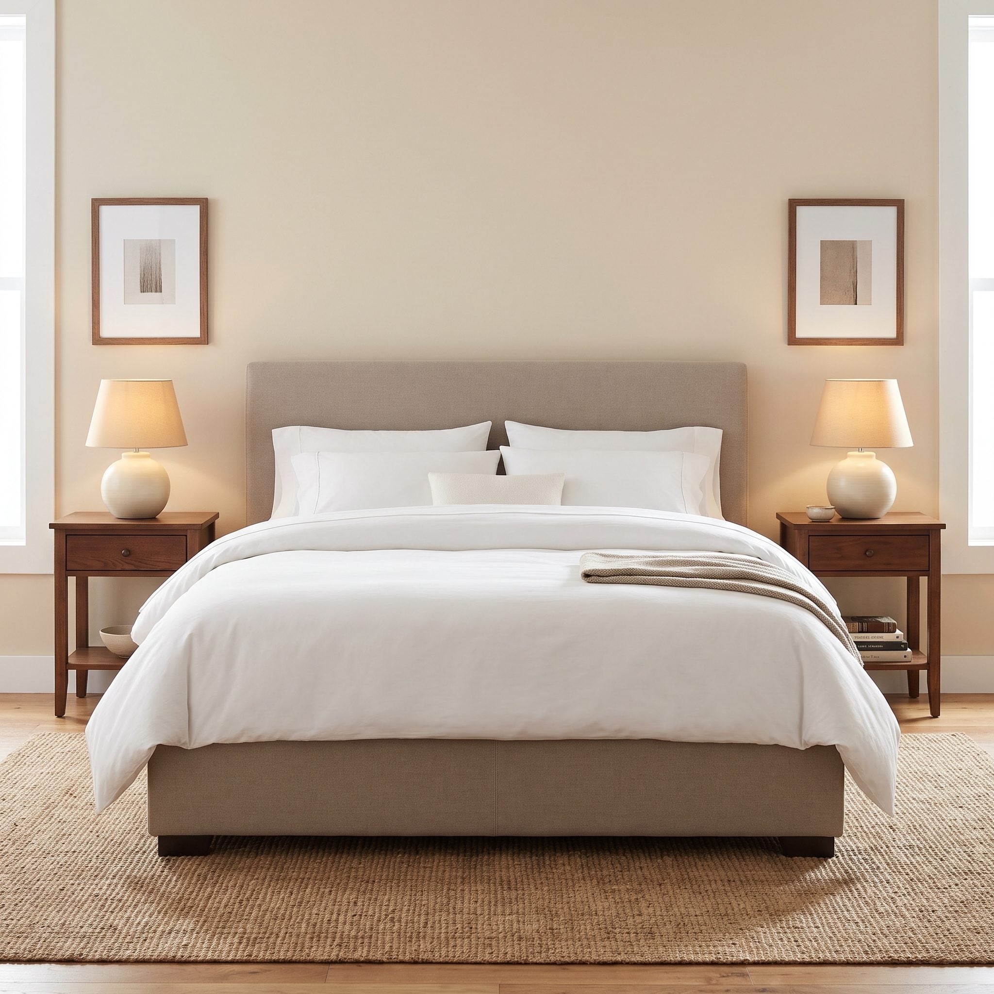 Bedroom with two identical walnut nightstands flanking a queen bed, each holding a matching brass lamp, tops set about three