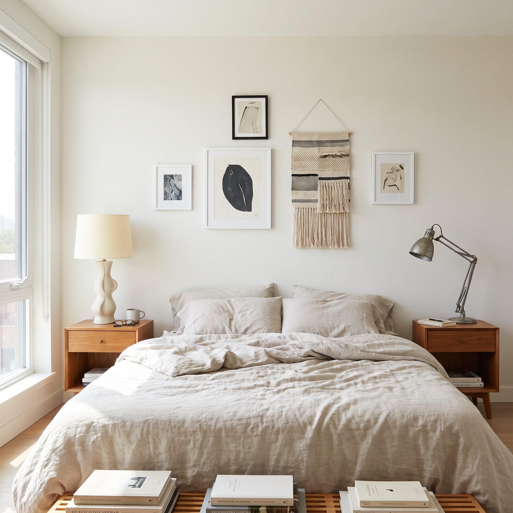 Bedroom with two matching walnut nightstands holding a ceramic gourd lamp on one side and a brass column lamp on the other,