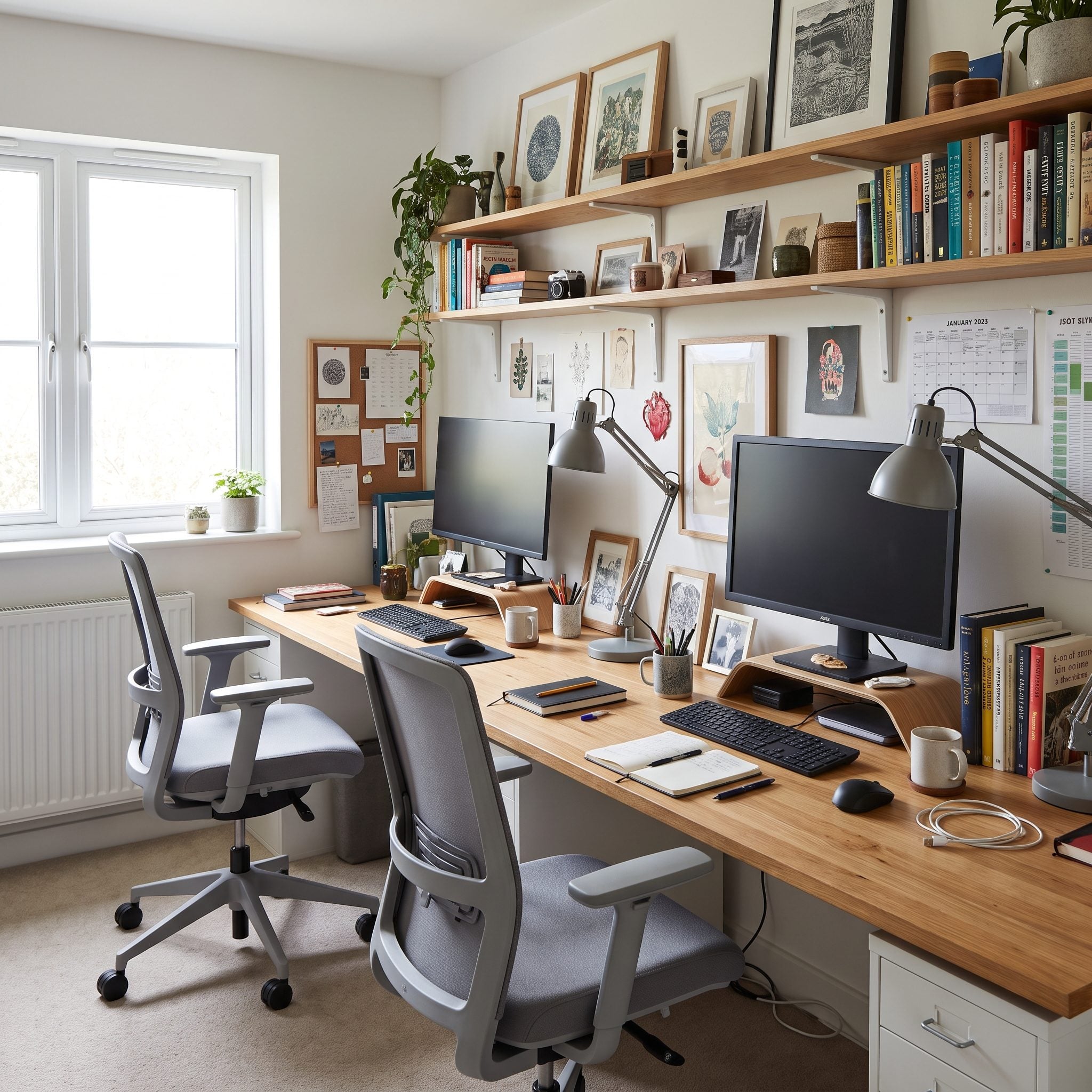 Home office with two matching black mesh task chairs at identical oak desks set at the same seat height on opposite walls.