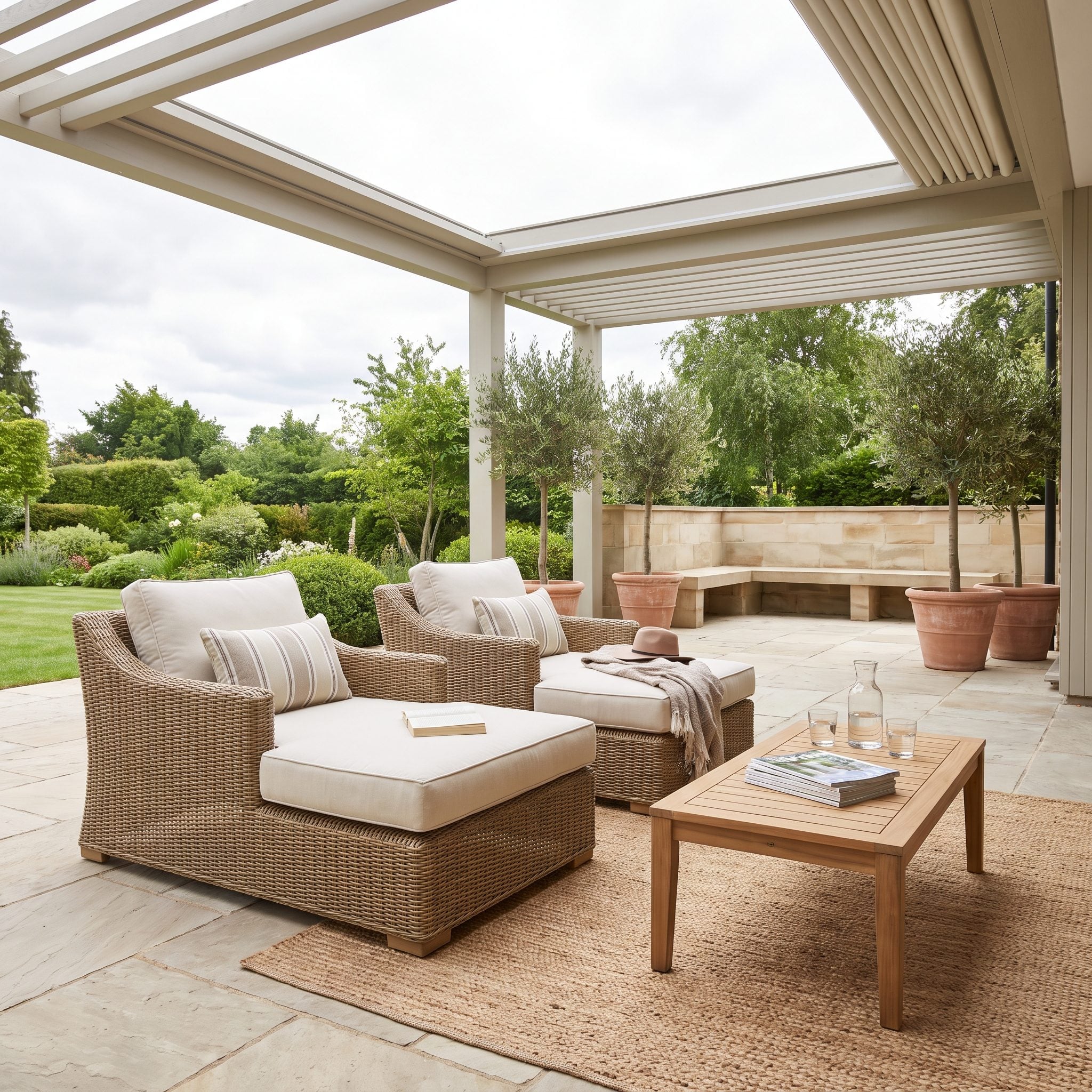 Backyard pool deck with four matching teak chaise lounges in a row along the pool edge, each with a cream cushion.