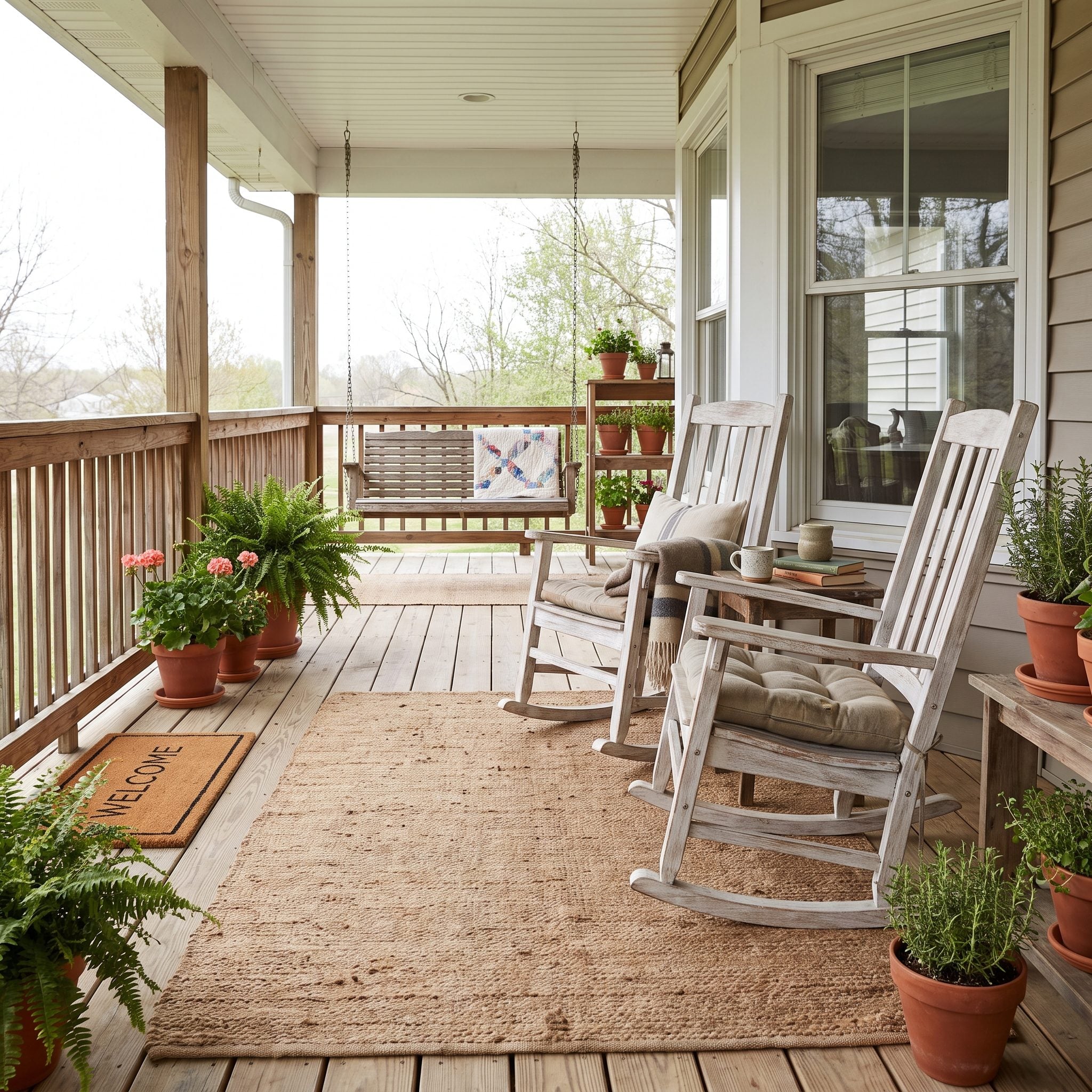Front porch with four identical black ladderback rocking chairs in a straight row spaced about 20 inches apart, a 36-inch