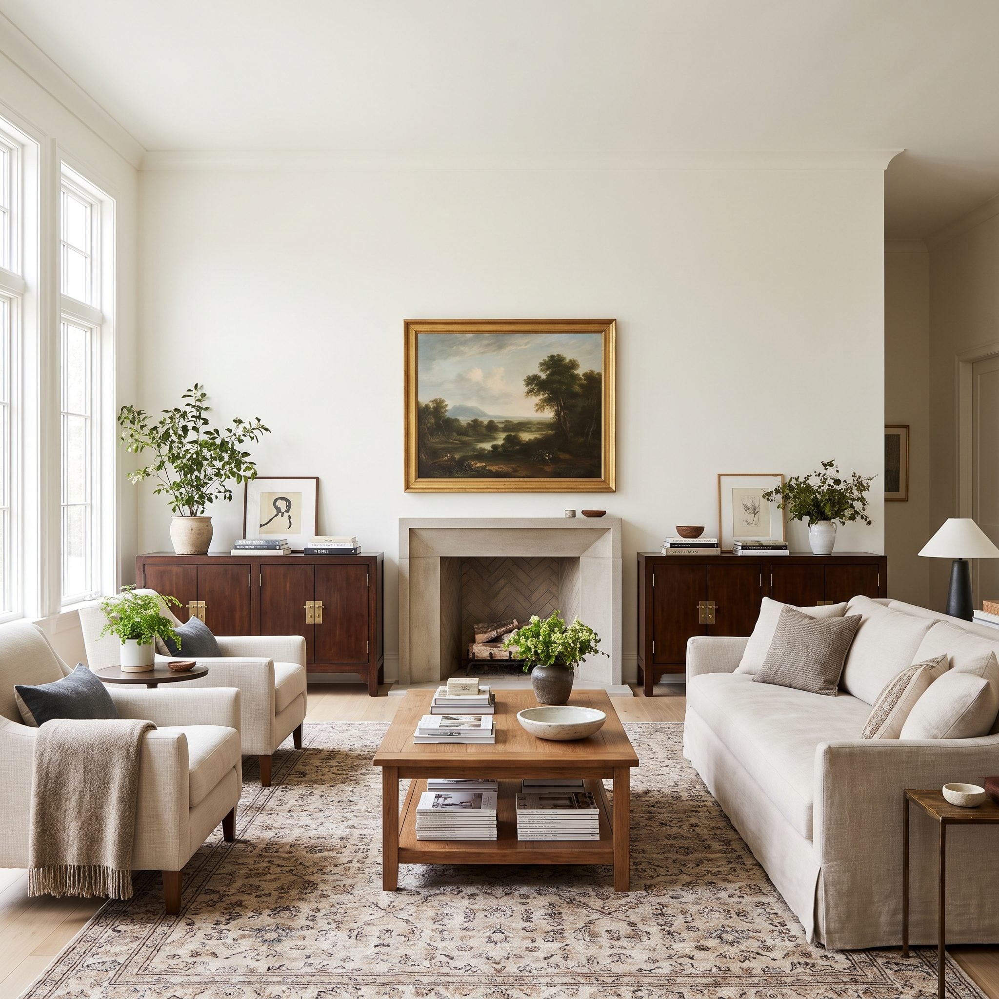 Living room with two matching 48-inch walnut sideboards placed one on each side of a brick fireplace, tops level with the