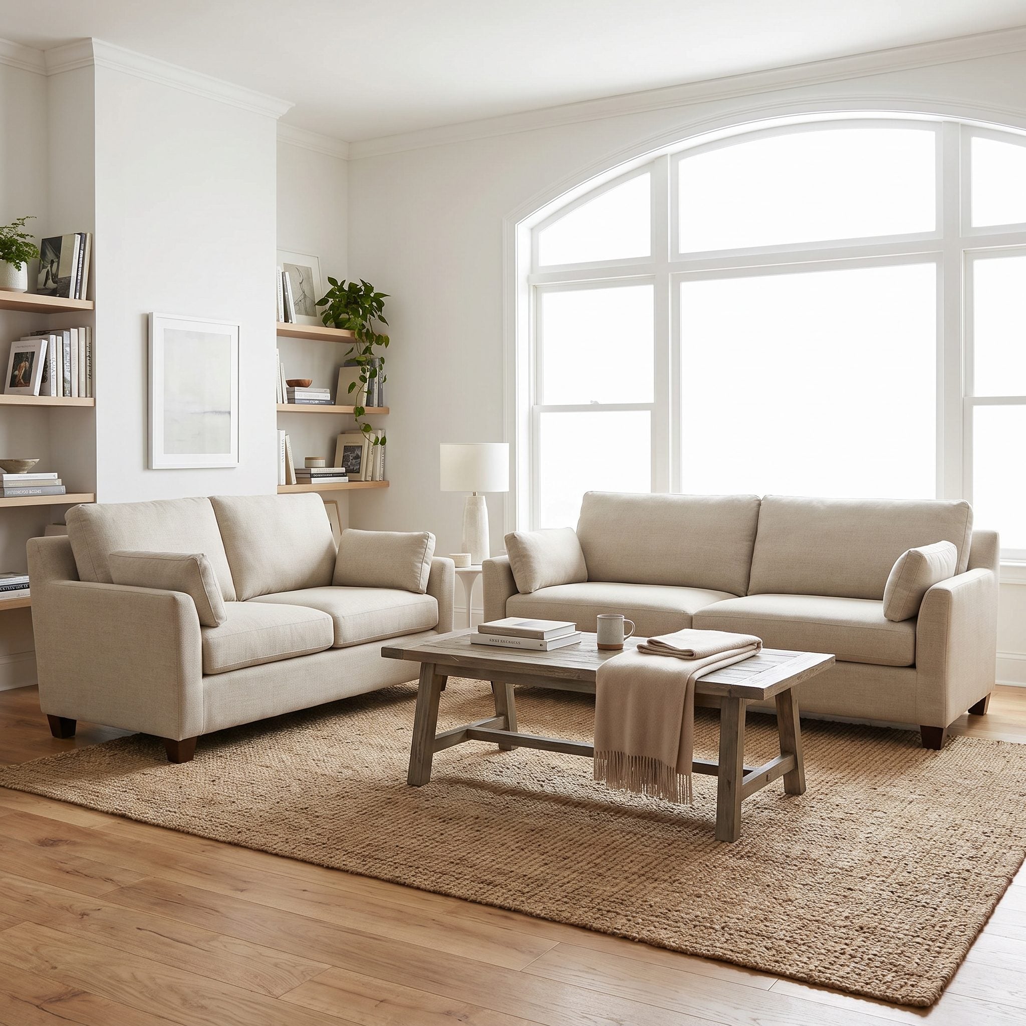 Living room with a matching 84-inch charcoal sofa and 60-inch loveseat in the same linen, a cognac leather ottoman between