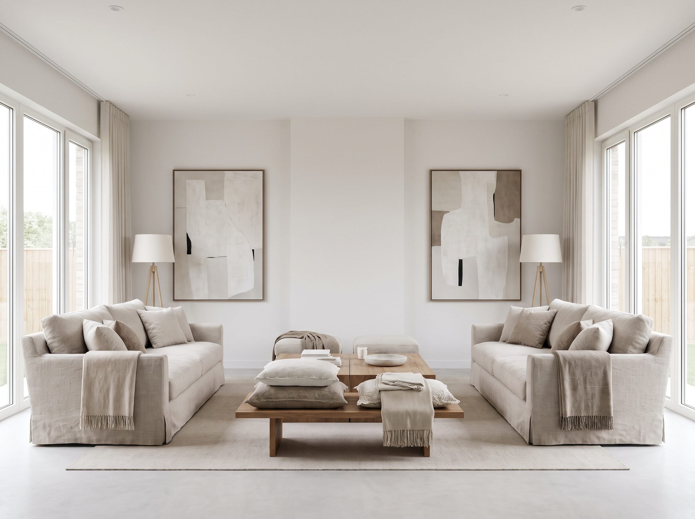 Living room with two matching 84-inch linen sofas facing each other about six feet apart, a walnut coffee table centered 18