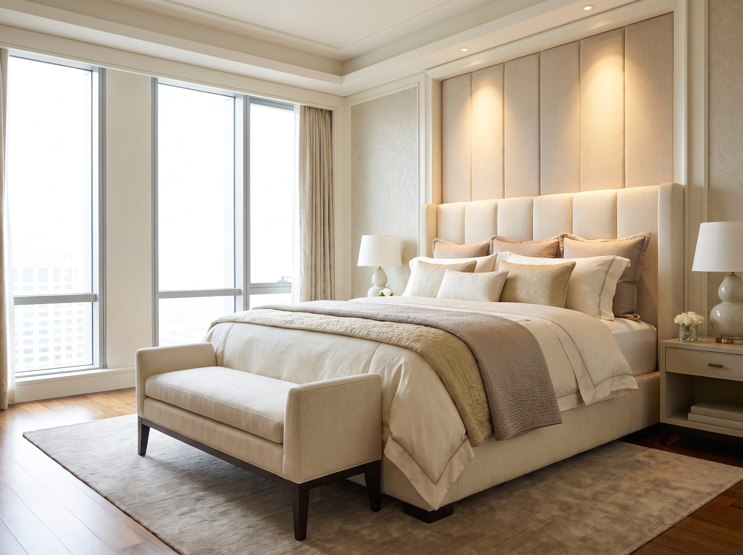 Bedroom with a queen bed showing a 42-inch upholstered bench at the foot matching the oatmeal linen headboard, about