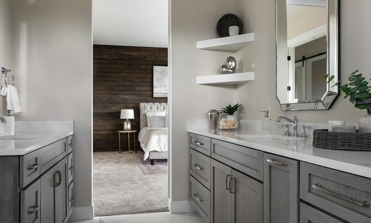 Gray Vanities, Floating Shelves, and a Peek Into the Bedroom Beyond