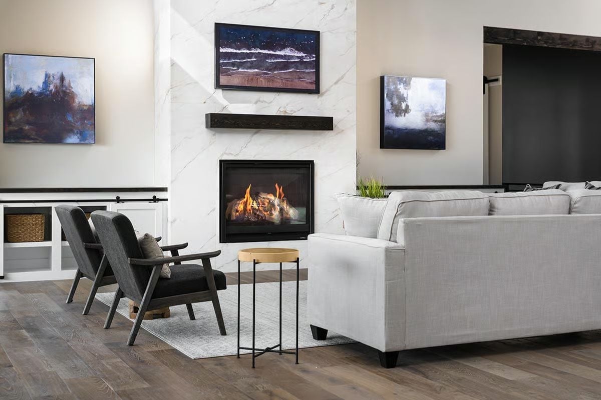 Marble Fireplace Wall, Open Flame, and Two Chairs That Mean Business