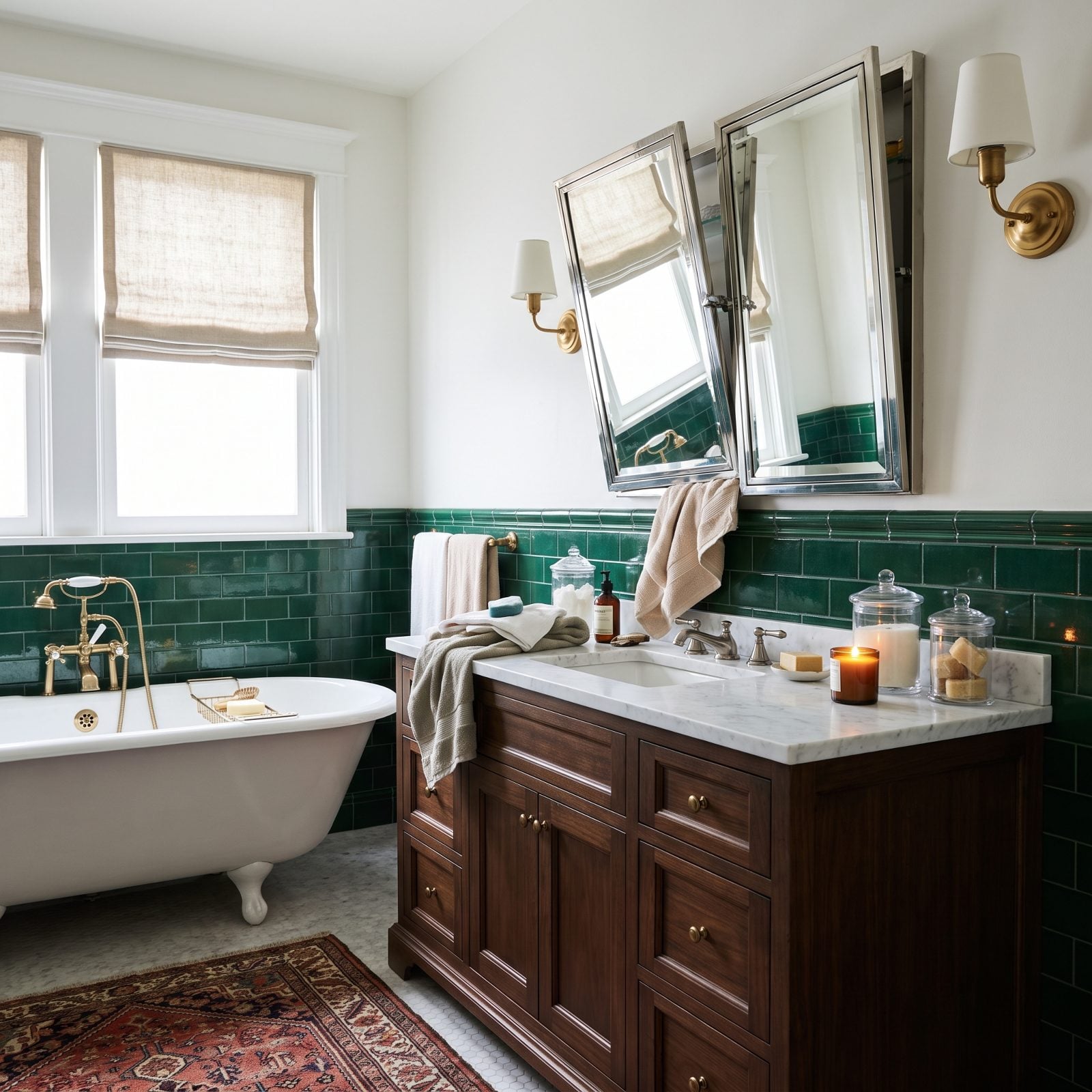 Two recessed medicine cabinets mounted close enough that their open doors meet in the middle.