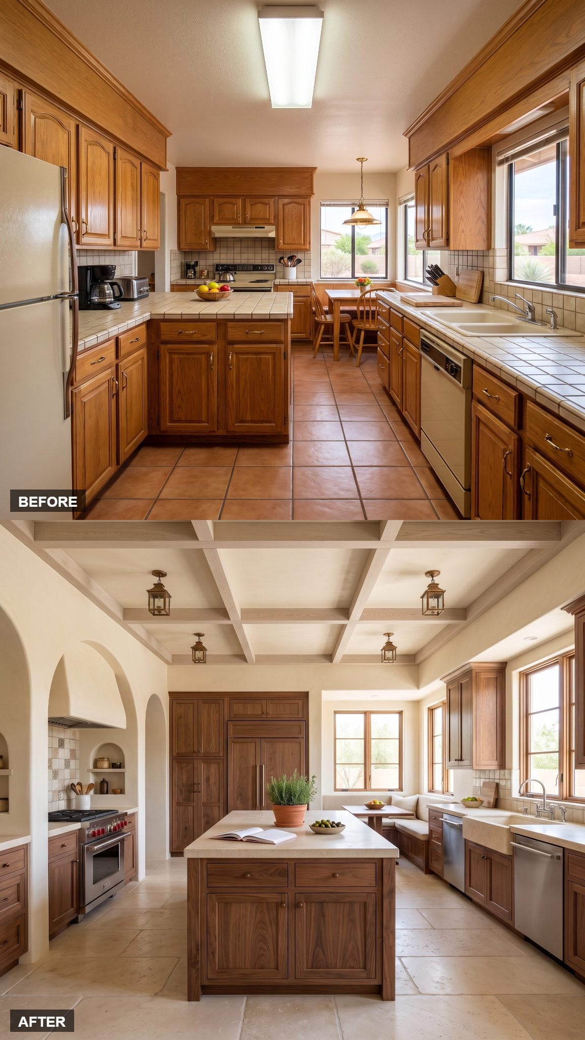 Mediterranean Courtyard Kitchen in Ivory Plaster and Handmade Tile