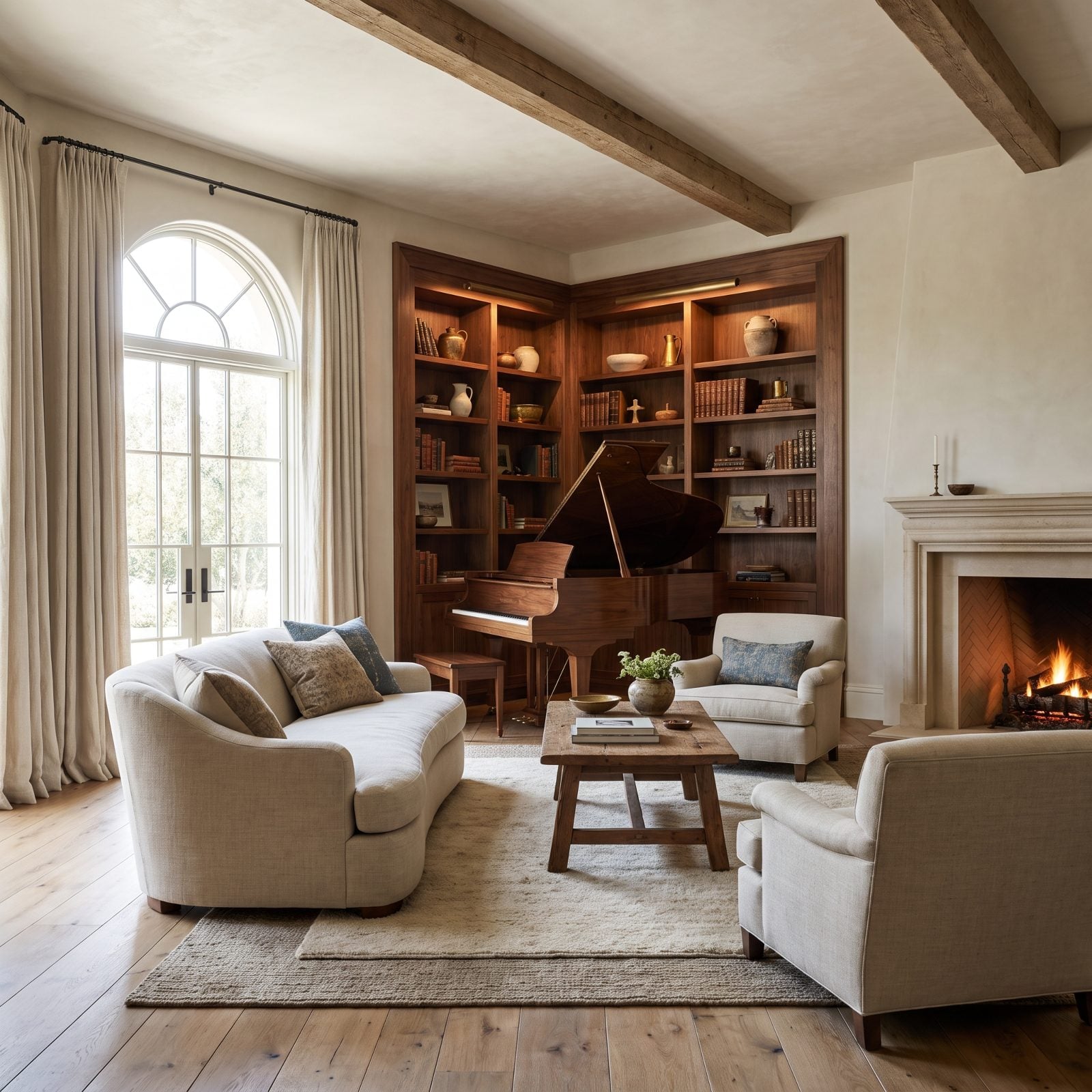 Mediterranean Living Room with a Quiet-Luxury Piano Corner