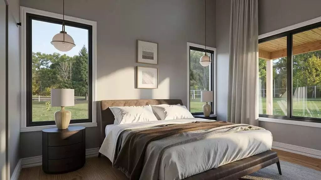 Pendant Lights Hung Low, Brown Leather Headboard, and Windows Doing the Heavy Lifting