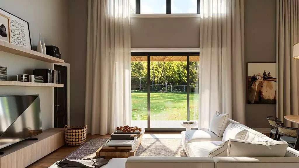 Sheer Curtains, Double-Height Windows, and a Backyard That Does the Decorating