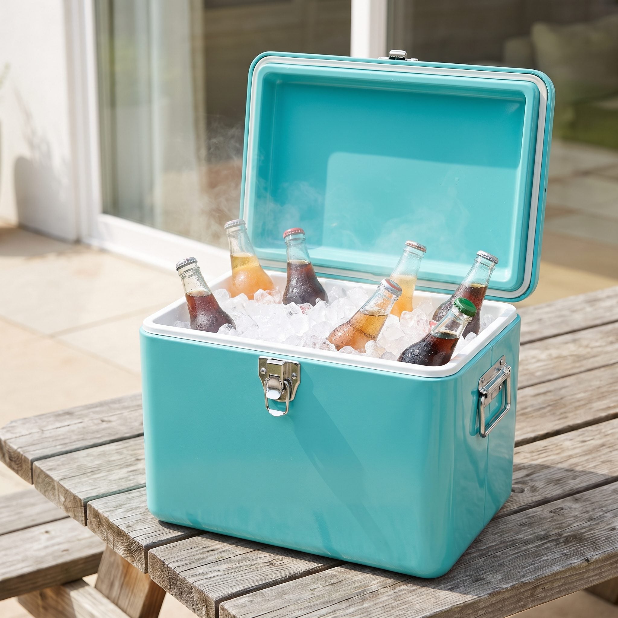 Vintage metal cooler packed with ice and canned drinks