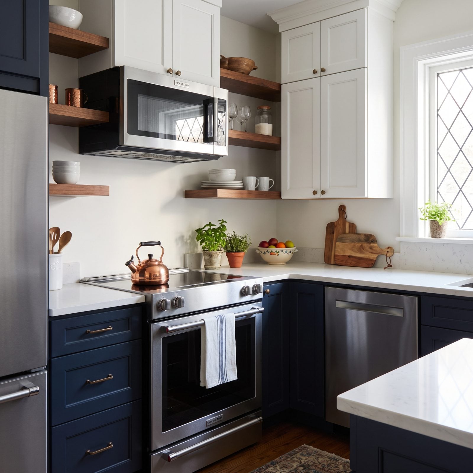White shaker kitchen with an over-the-range microwave mounted high above the stove, interior near forehead height.