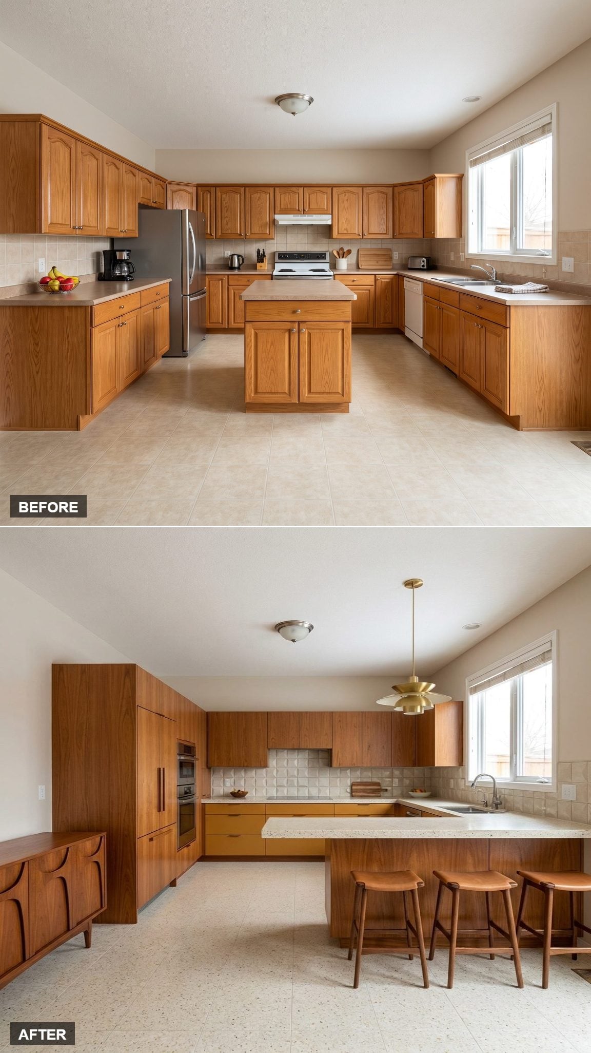 Mid-Century Collector's Kitchen with Teak, Ochre Lacquer and a Floating Terrazzo Peninsula