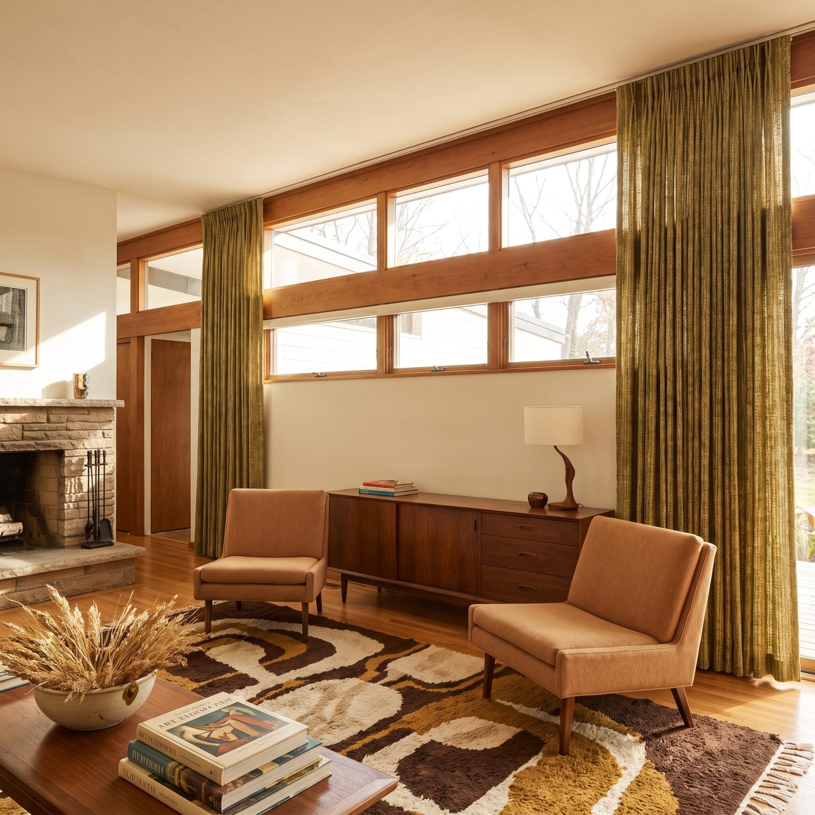 Midcentury Living Room With a Slim Track Above the Clerestory Line