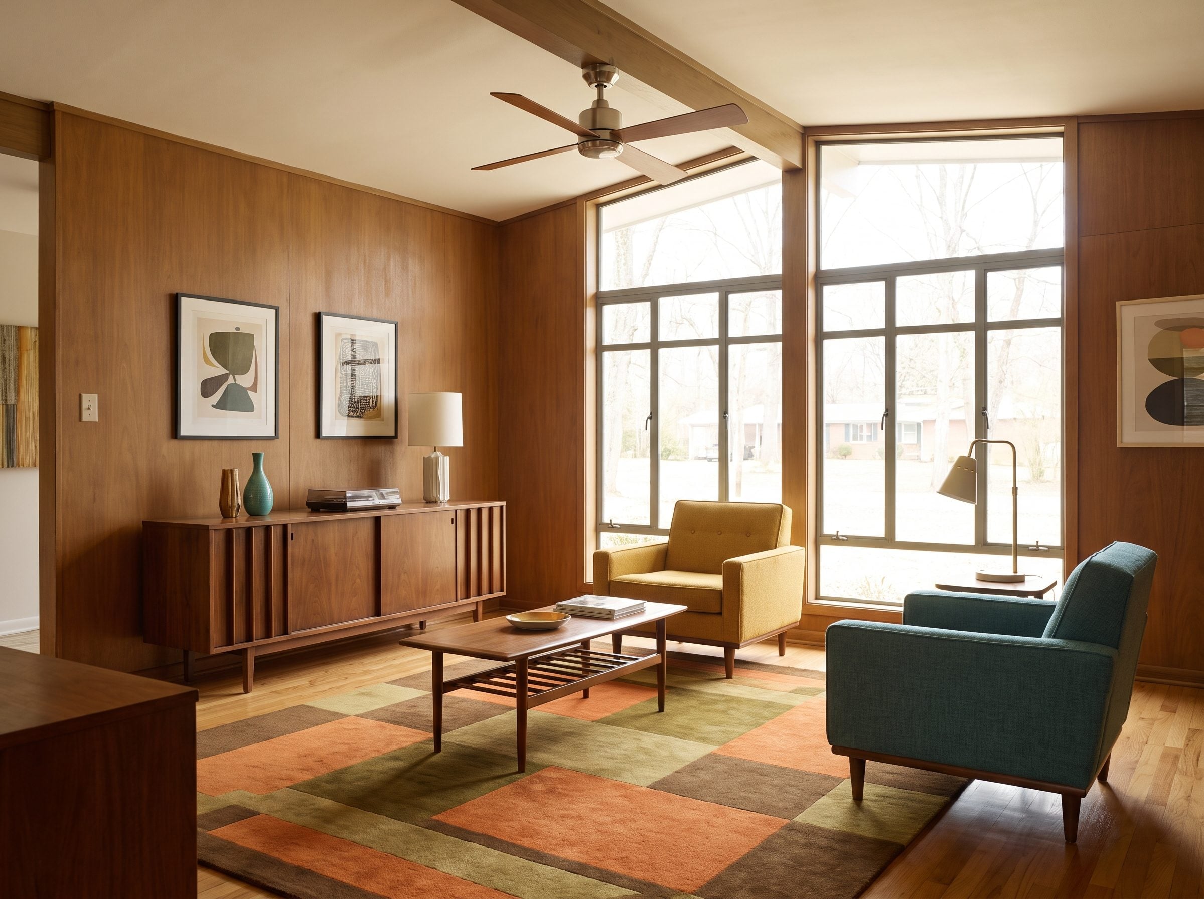 Midcentury living room with a spherical aluminum ceiling fan and three flat maple blades spanning about the width of the