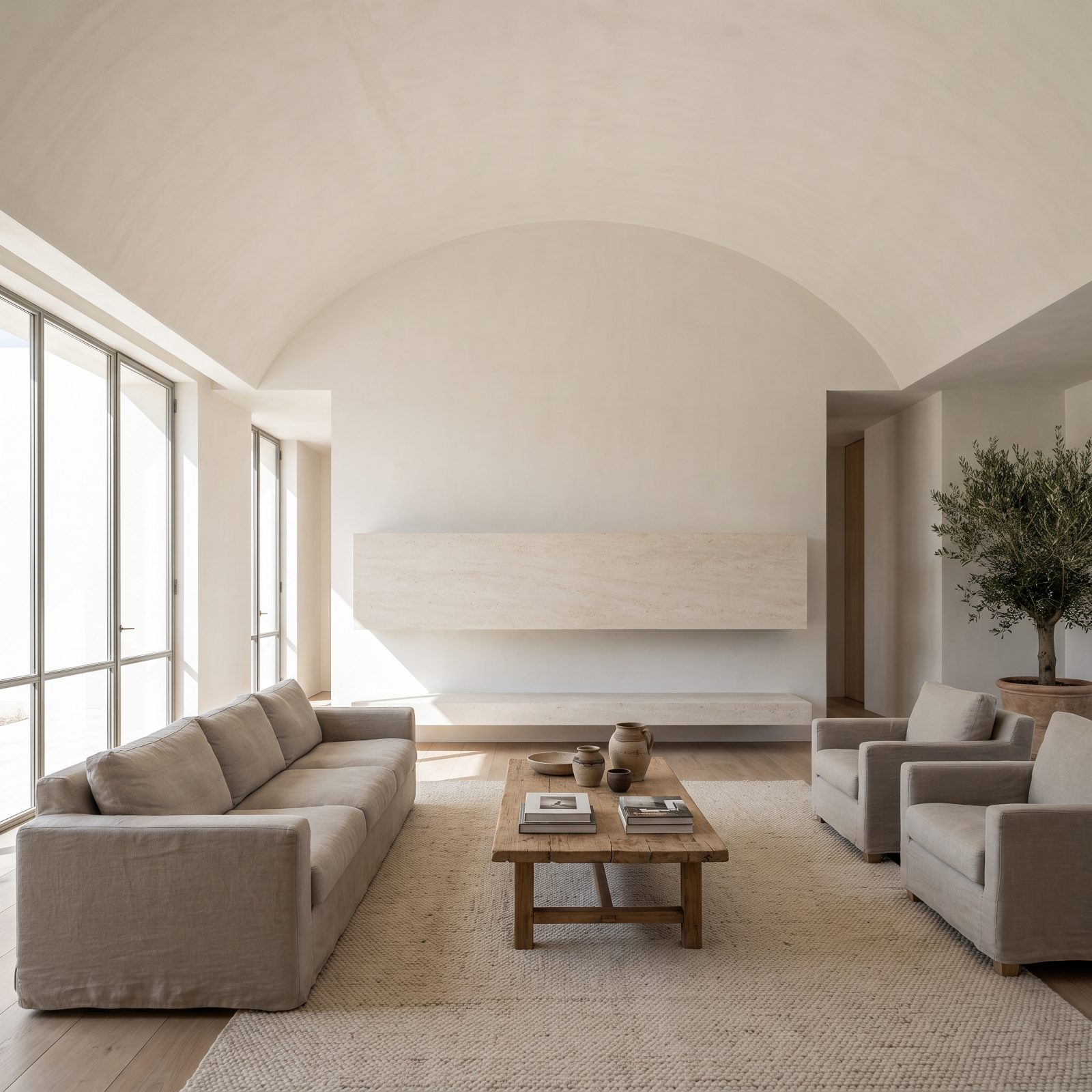 Minimalist Villa Lounge with a Floating Limestone Hearth