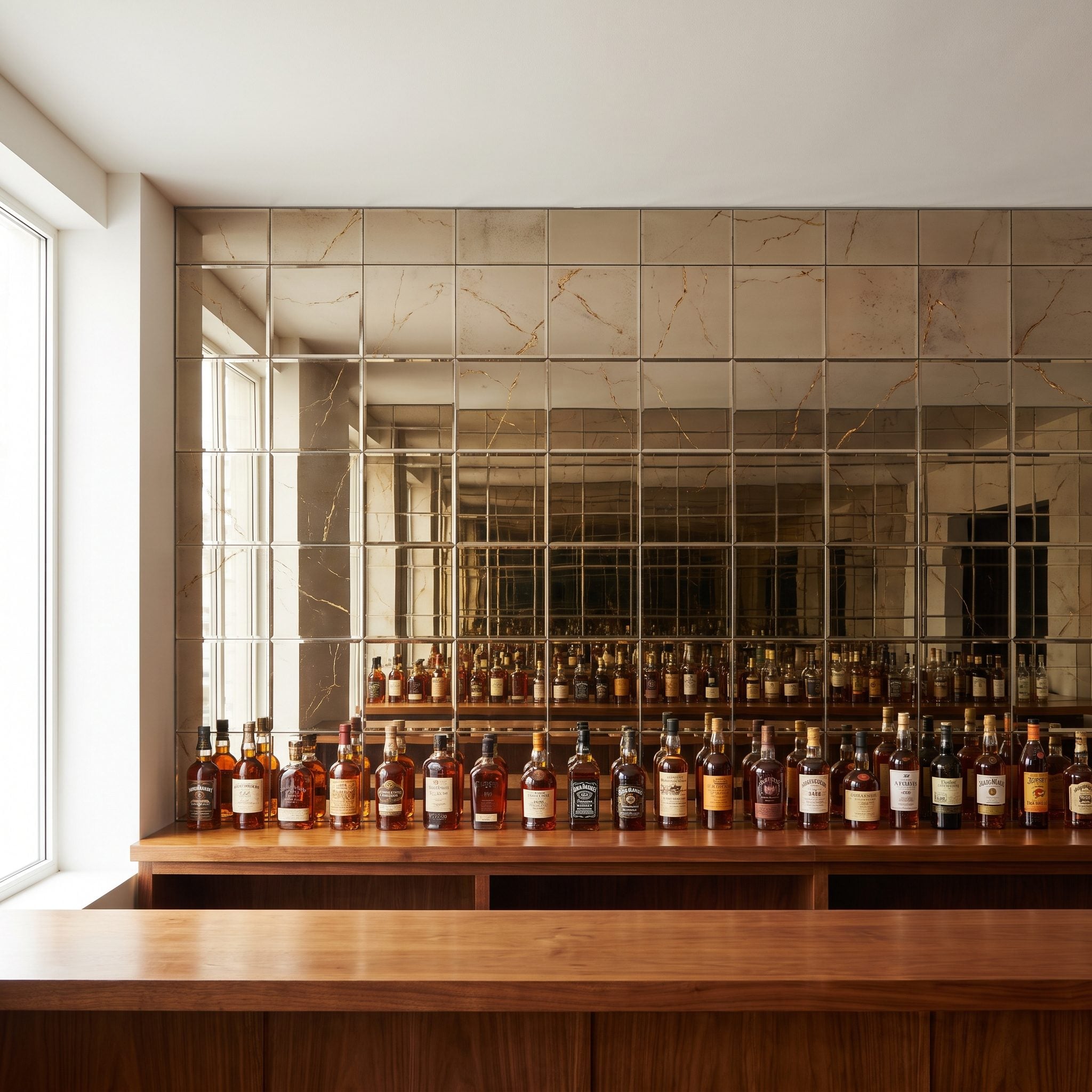 The Mirrored Wall Behind the Liquor Bottles
