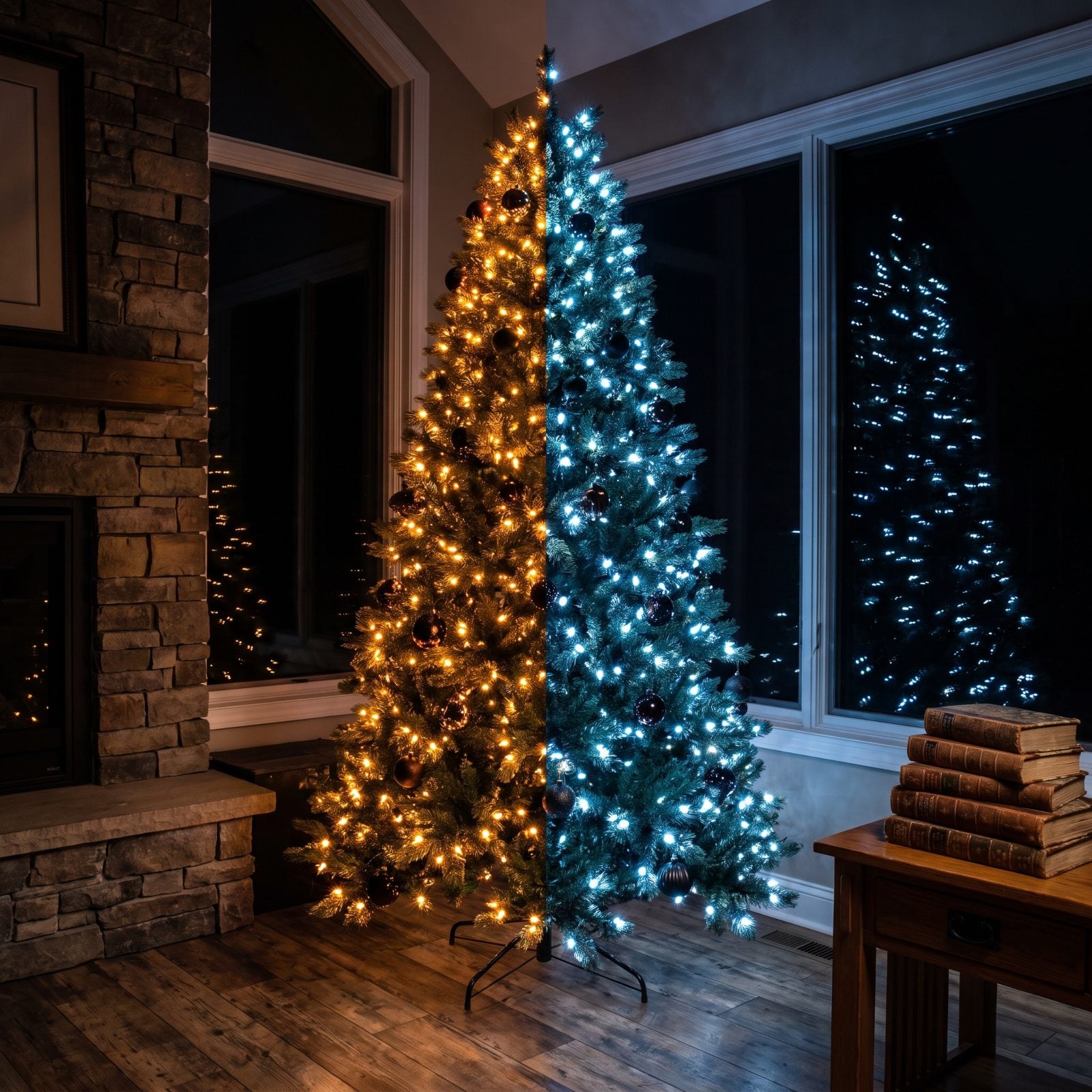 Artificial tree lit with warm-white on one side and cool-white on the other, a visible color seam down the middle.