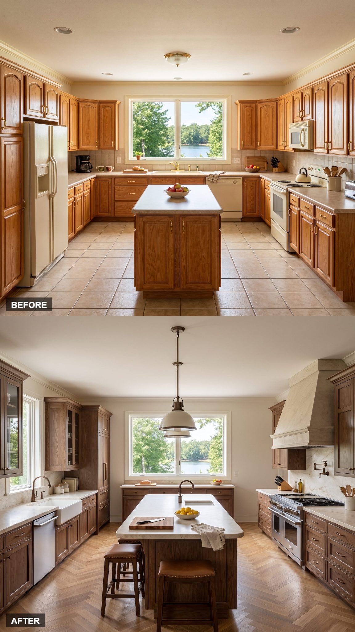 Contemporary kitchen with mocha oak cabinetry, Taj Mahal quartzite and a crosswise island
