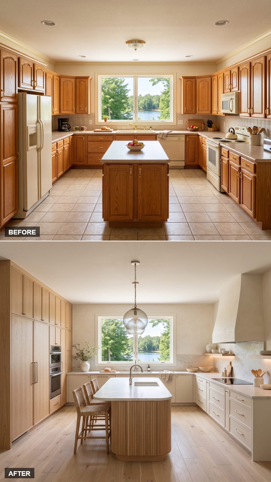 Modern coastal kitchen with pale white oak cabinetry and light natural stone
