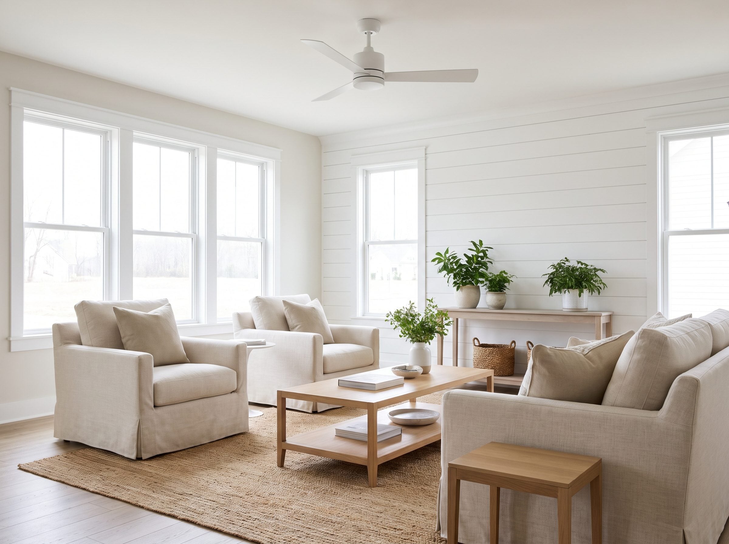 Modern farmhouse living room with a matte black five-blade fan hung about 84 inches off the floor, level with the top of the