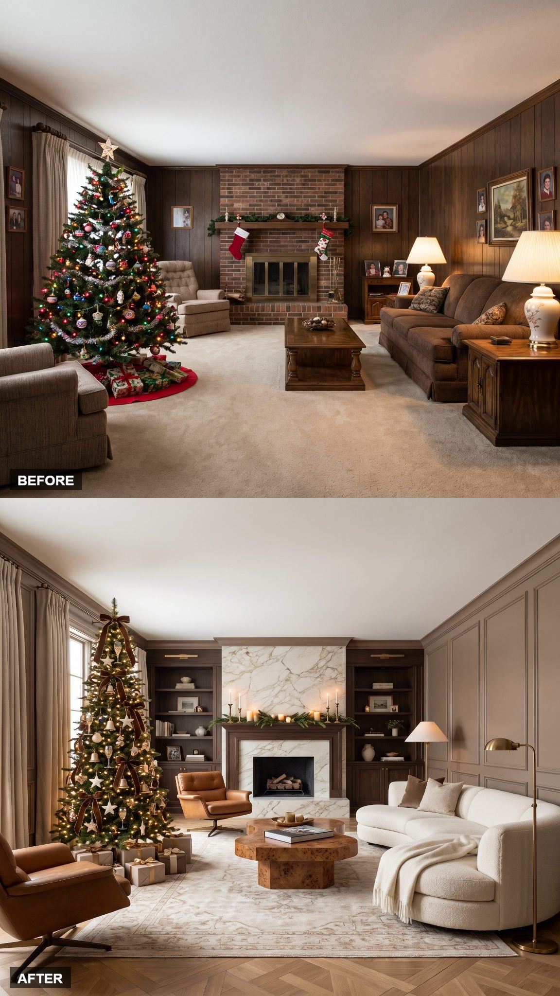 Modern Heritage Christmas in Taupe Paneling and Arabescato Marble